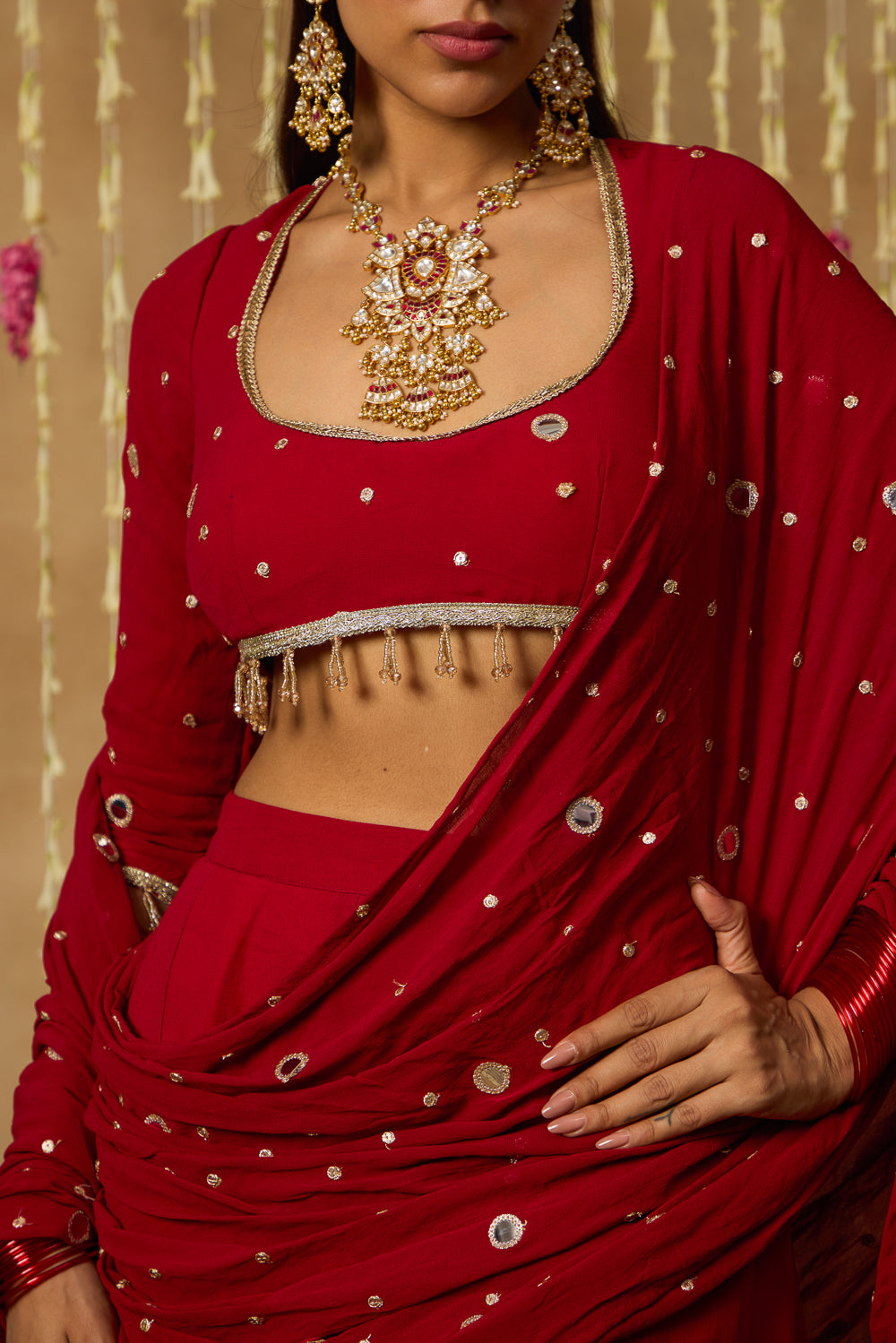 Jhoom Scarlet Mirror Drape Saree Set