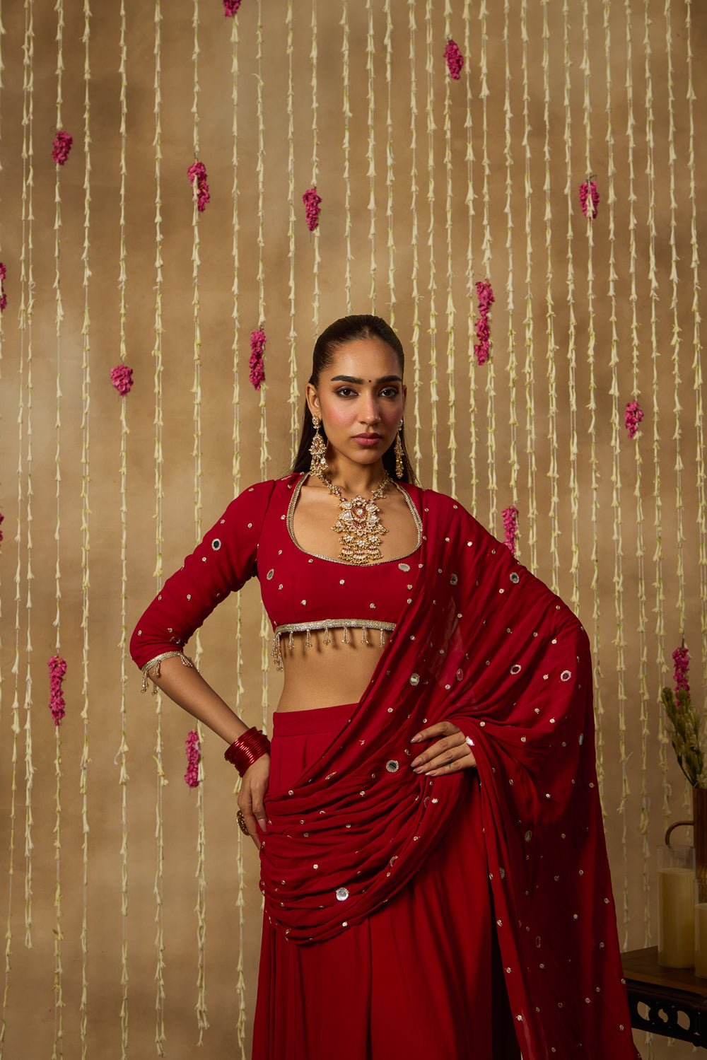 Jhoom Scarlet Mirror Drape Saree Set