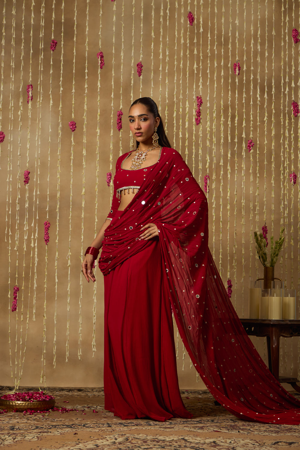 Jhoom Scarlet Mirror Drape Saree Set