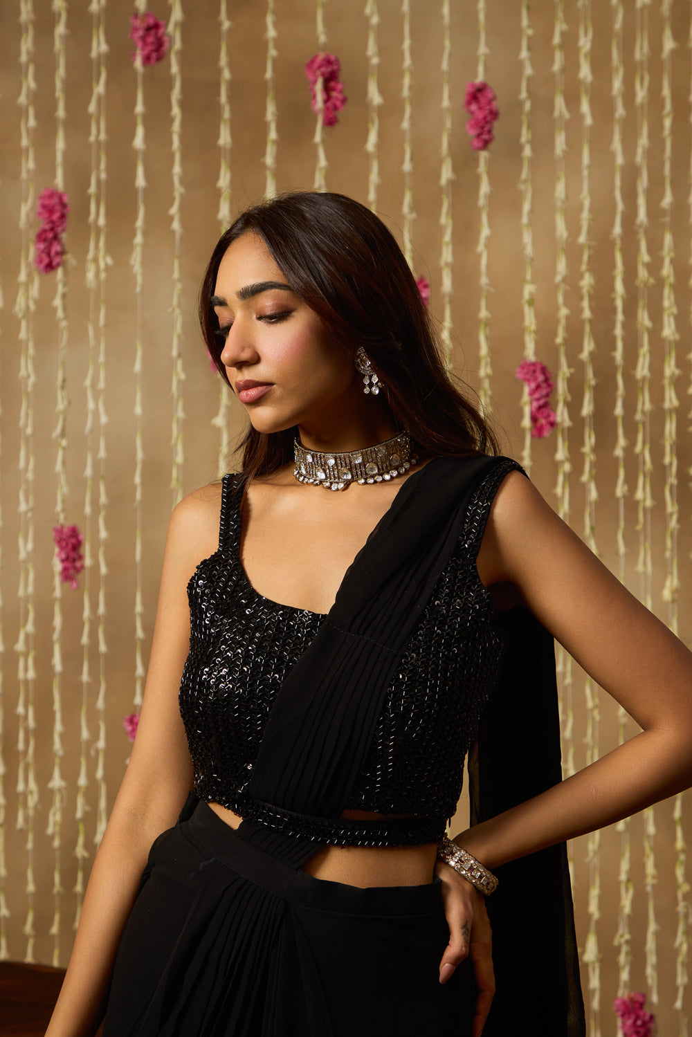 Jhoom Black Pre Draped Saree Set