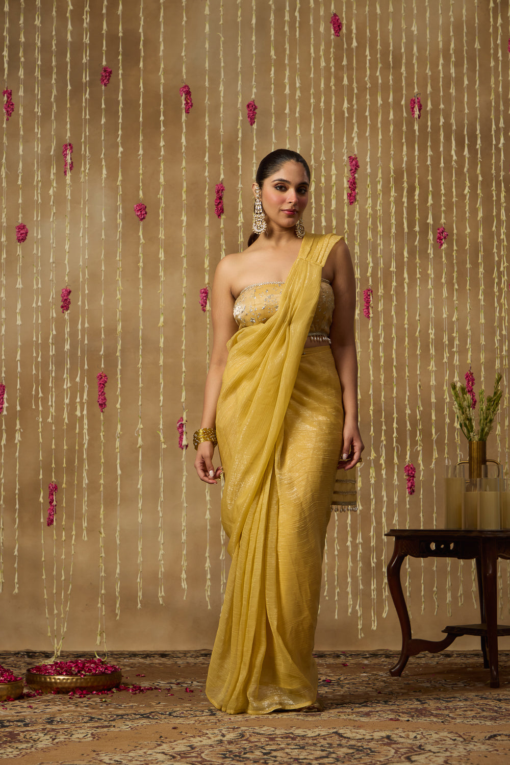 Jhoom Butter Yellow Drape Saree Set