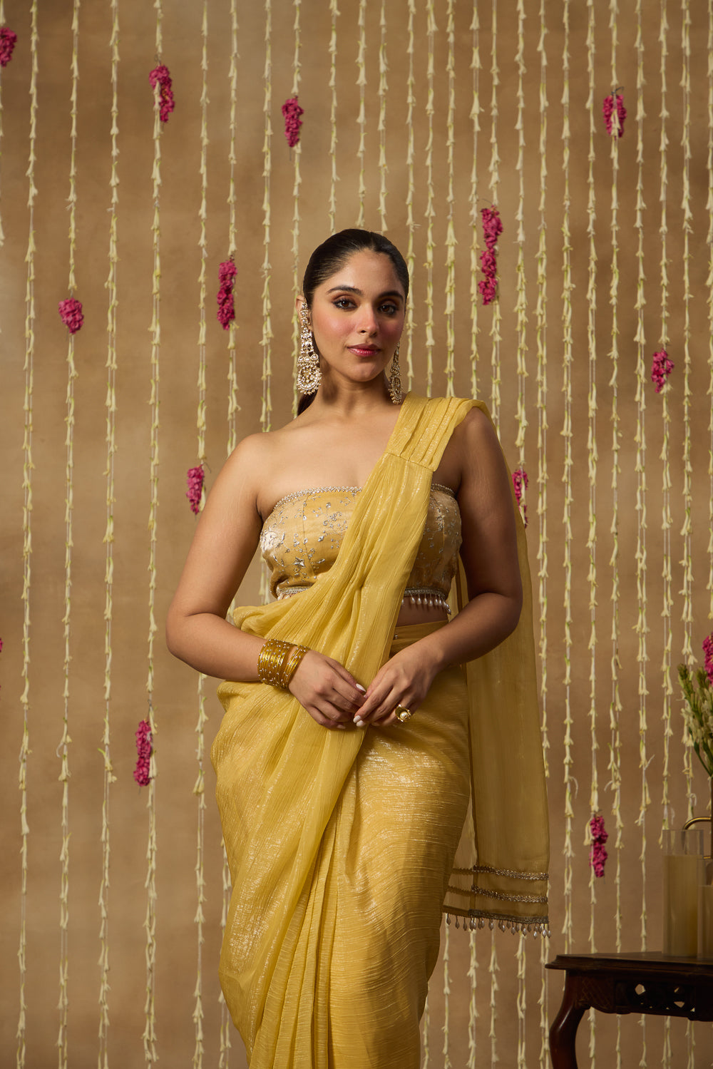 Jhoom Butter Yellow Drape Saree Set