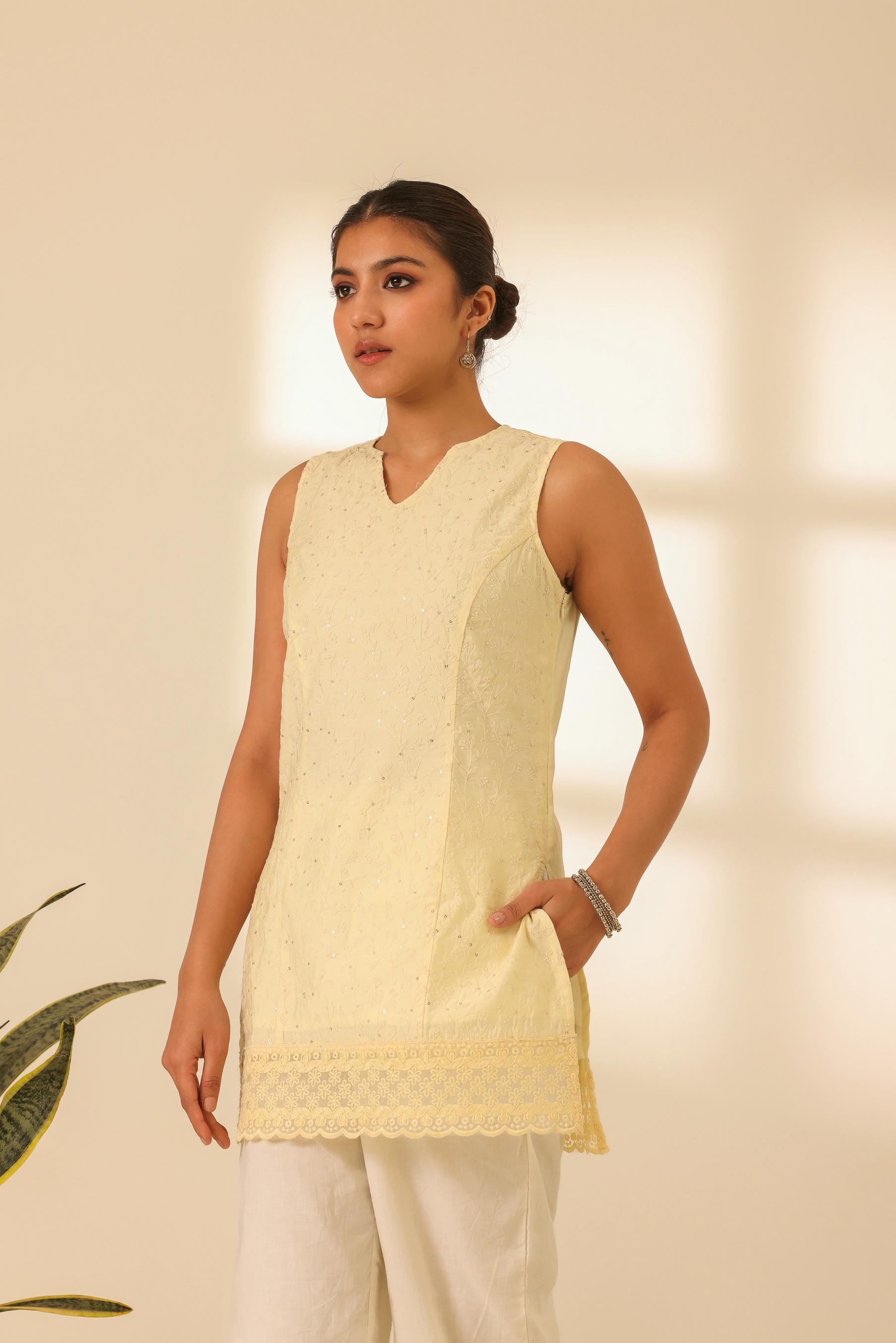 Rangrez Butter Yellow Embroidered Short Kurta