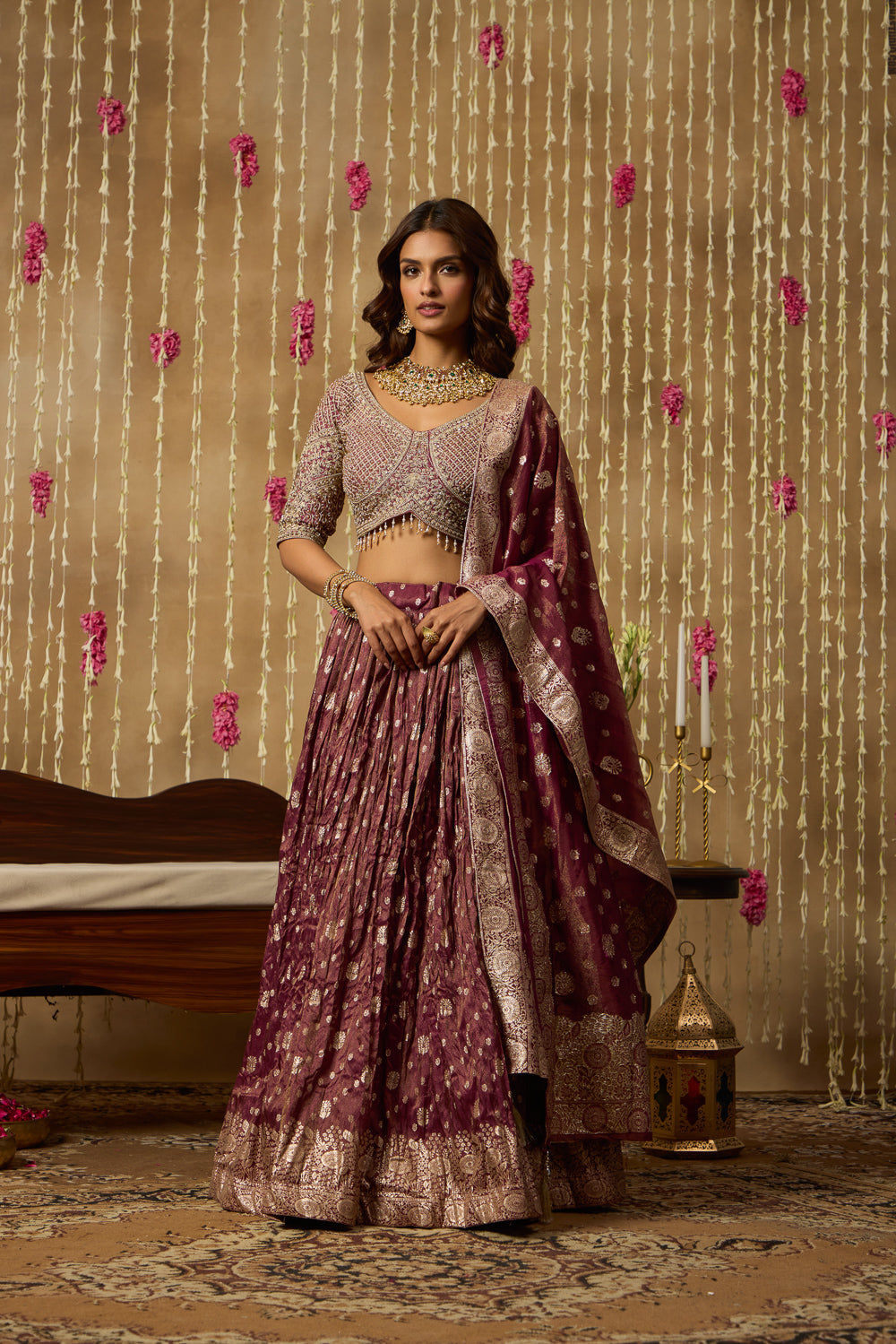 Jhoom Wine Banarasi Lehenga Set