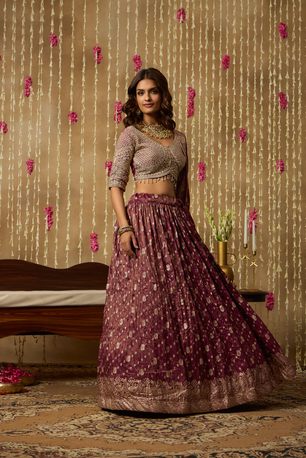 Jhoom Wine Banarasi Lehenga Set