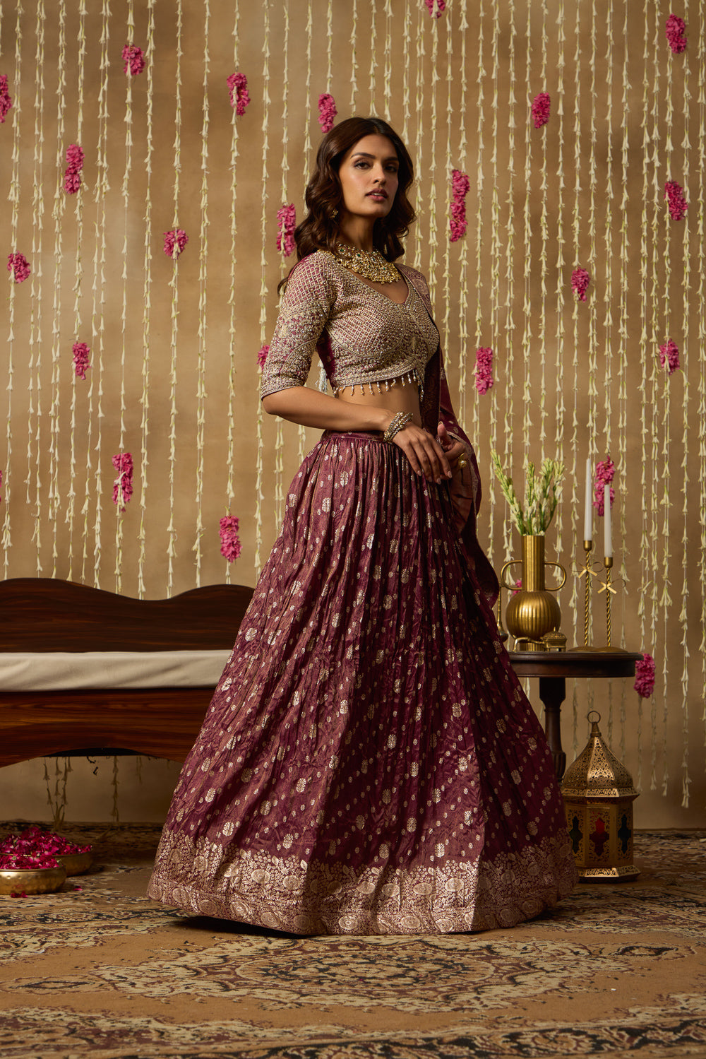 Jhoom Wine Banarasi Lehenga Set