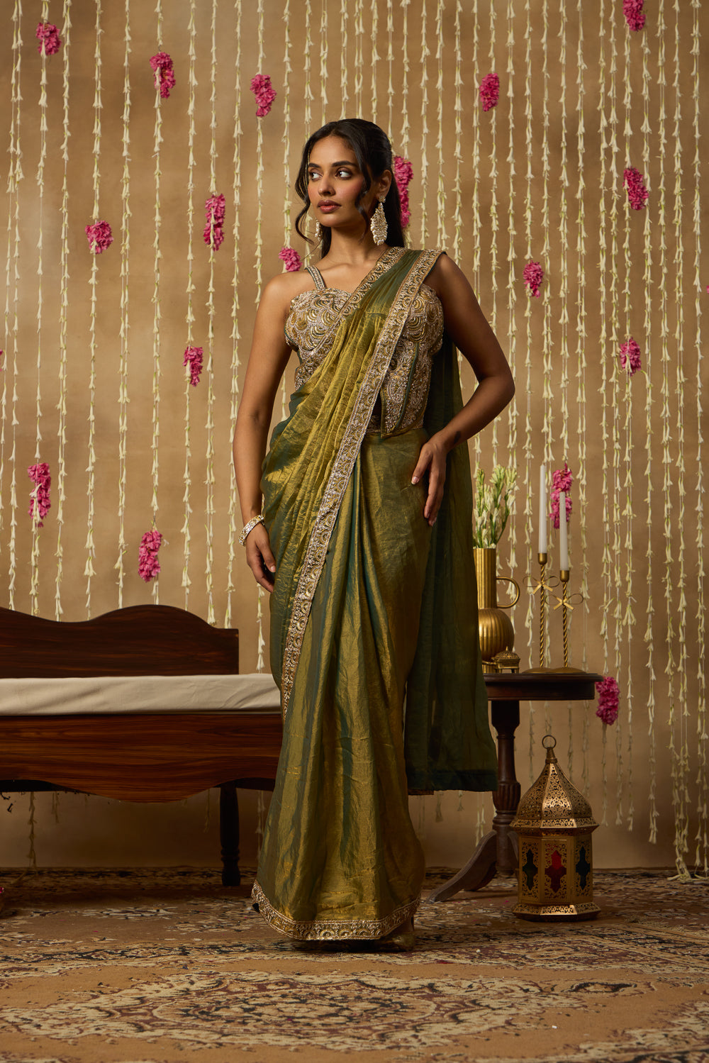 Jhoom Olive Embroidered Saree Set