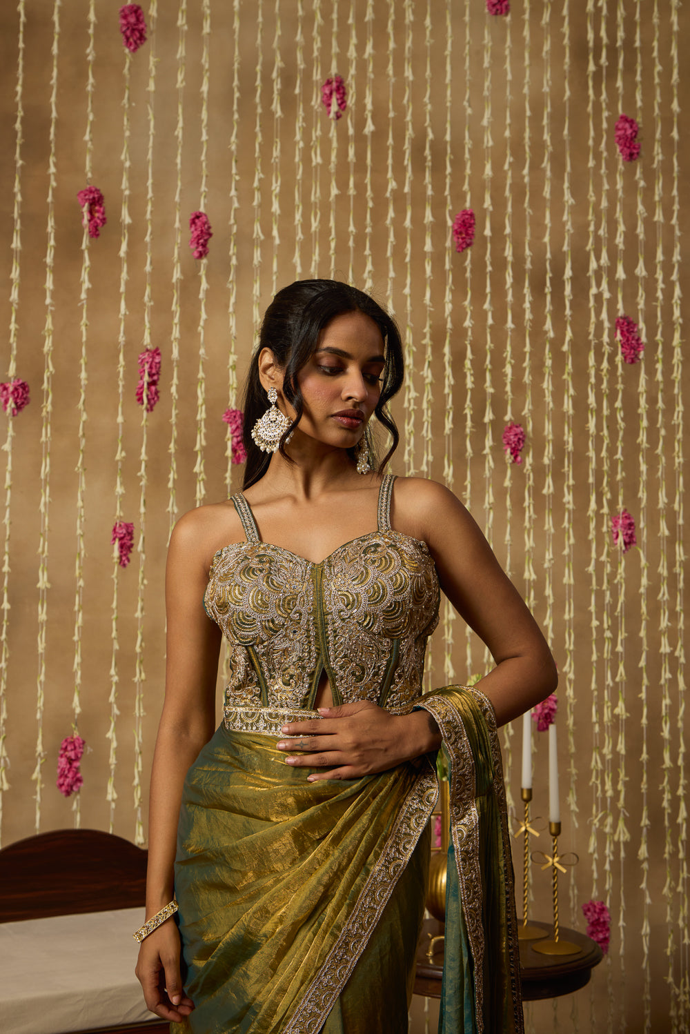 Jhoom Olive Embroidered Saree Set