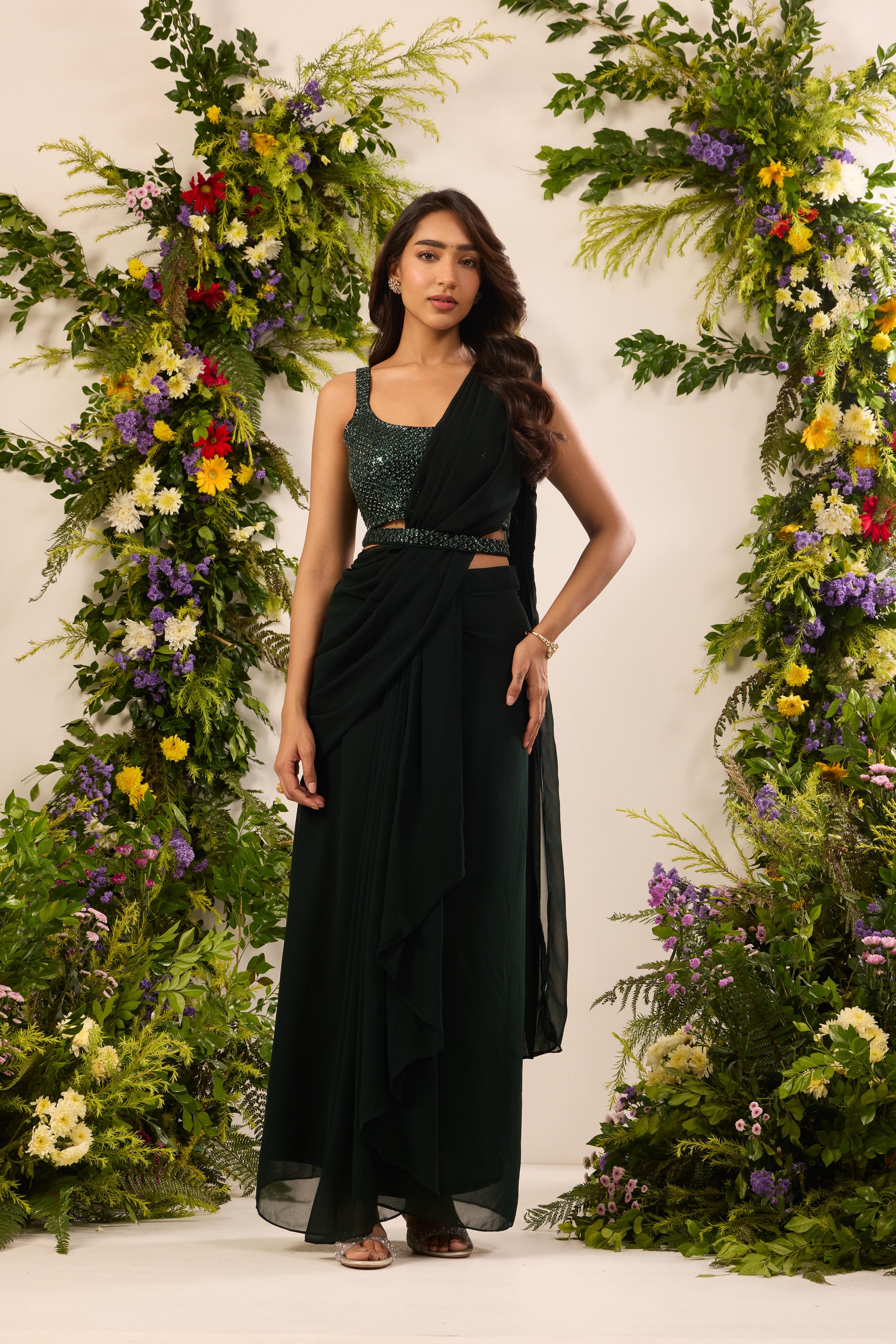 Mastaani Emerald Dusk Pre-Draped Saree Set
