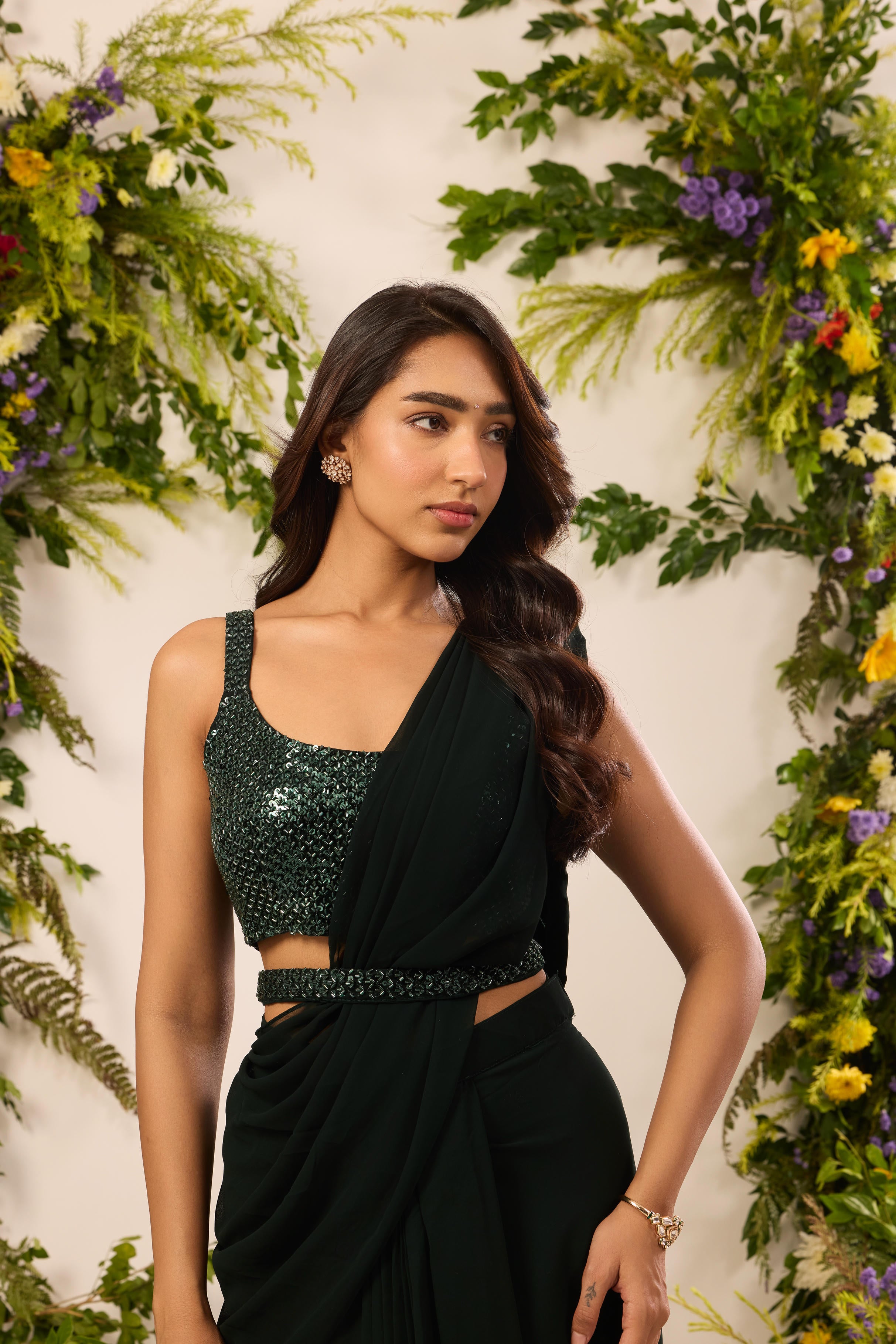 Mastaani Emerald Dusk Pre-Draped Saree Set