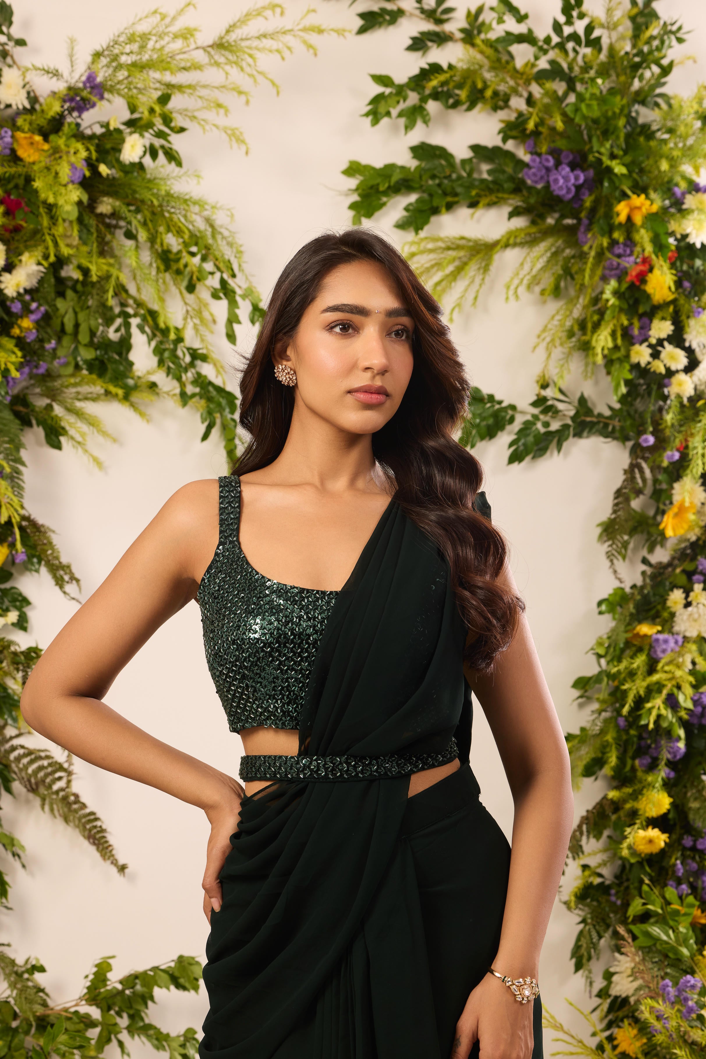 Mastaani Emerald Dusk Pre-Draped Saree Set