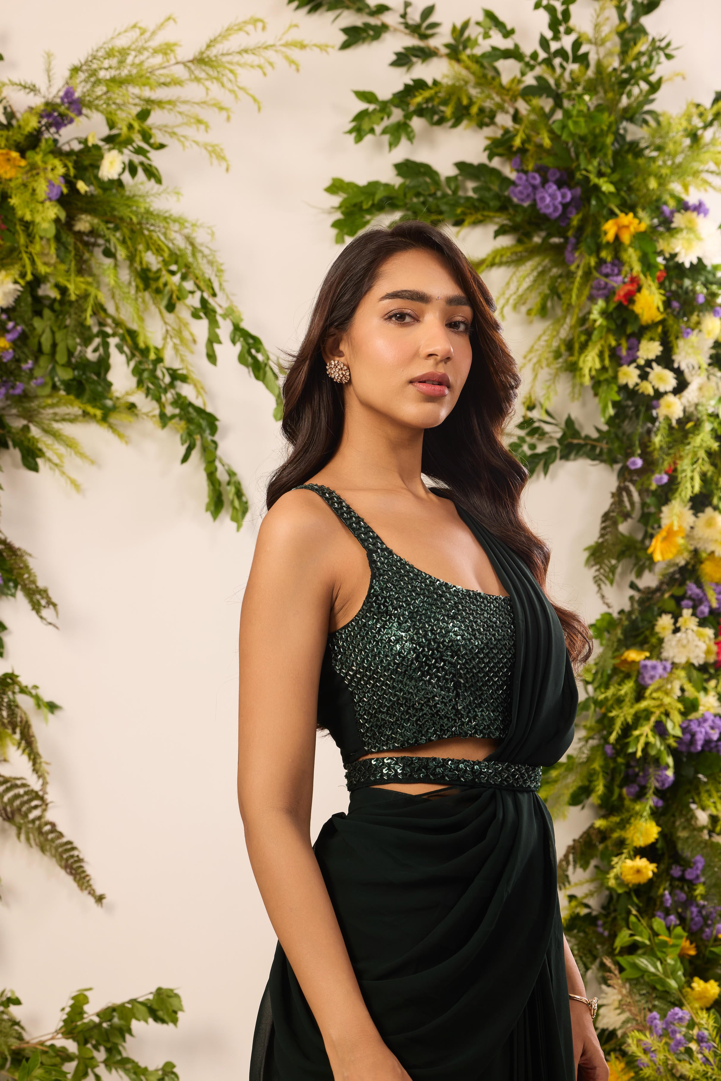 Mastaani Emerald Dusk Pre-Draped Saree Set