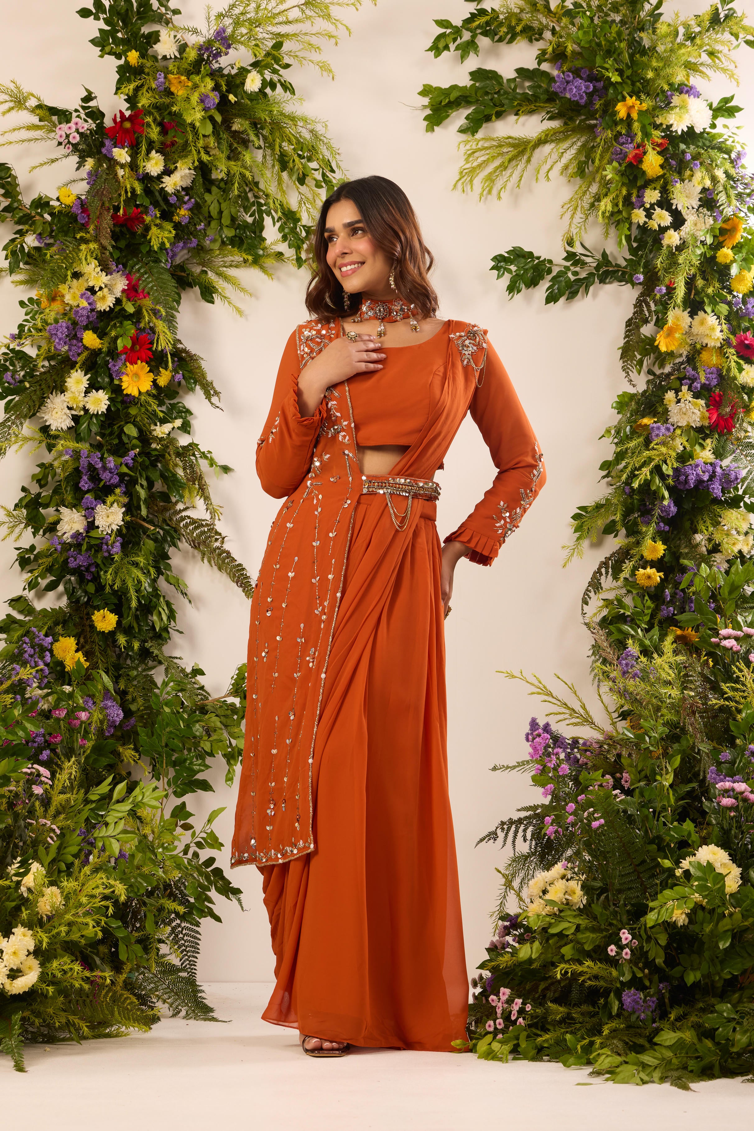 Mastaani Saffron Ember Saree Set