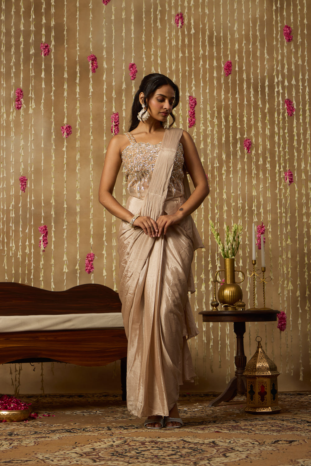 Jhoom Beige Sequin Saree Set