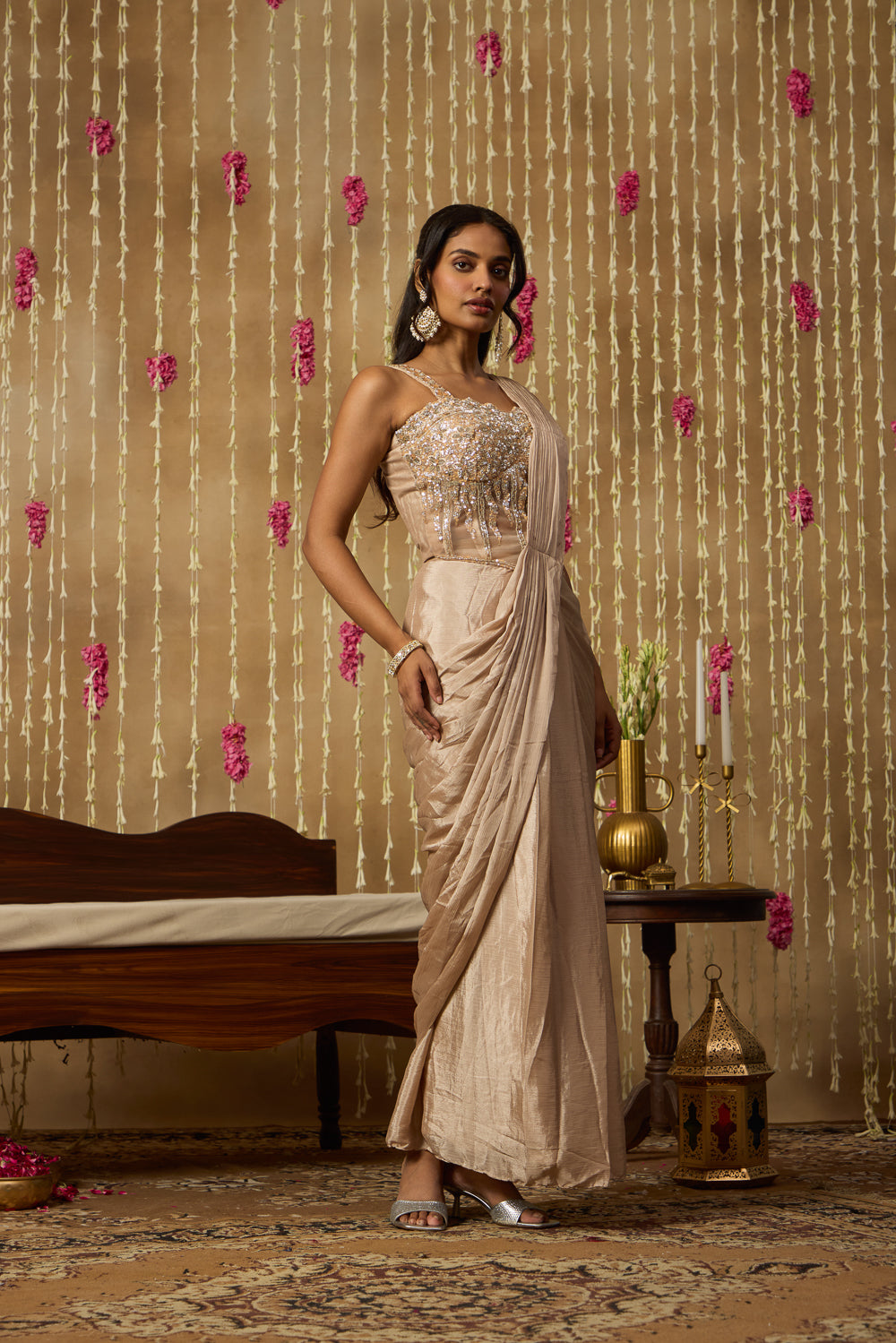 Jhoom Beige Sequin Saree Set