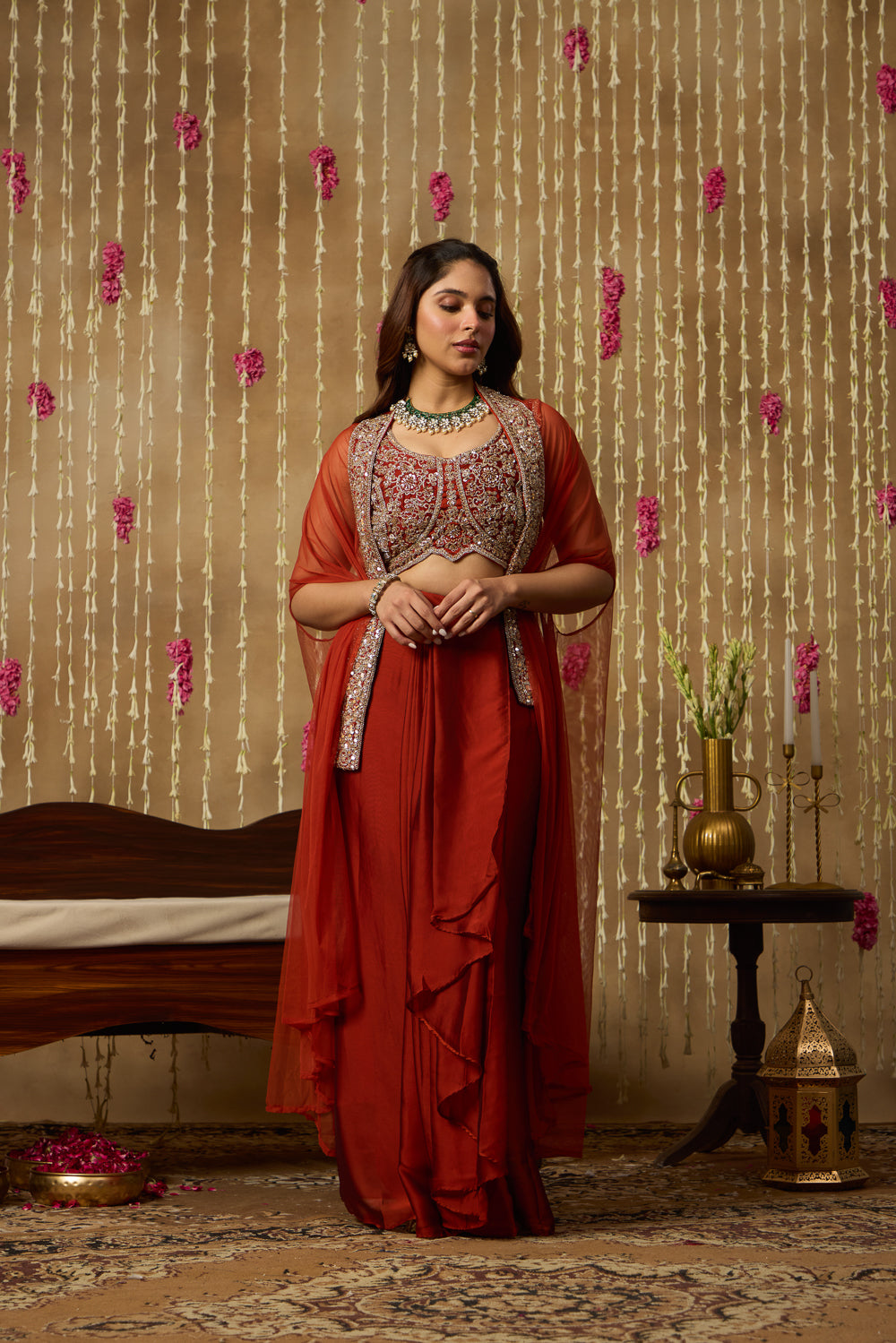 Jhoom Rust Embroidered Drape Set