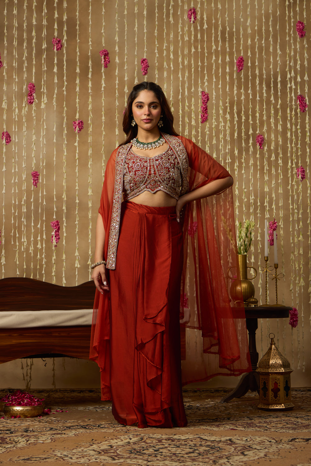 Jhoom Rust Embroidered Drape Set
