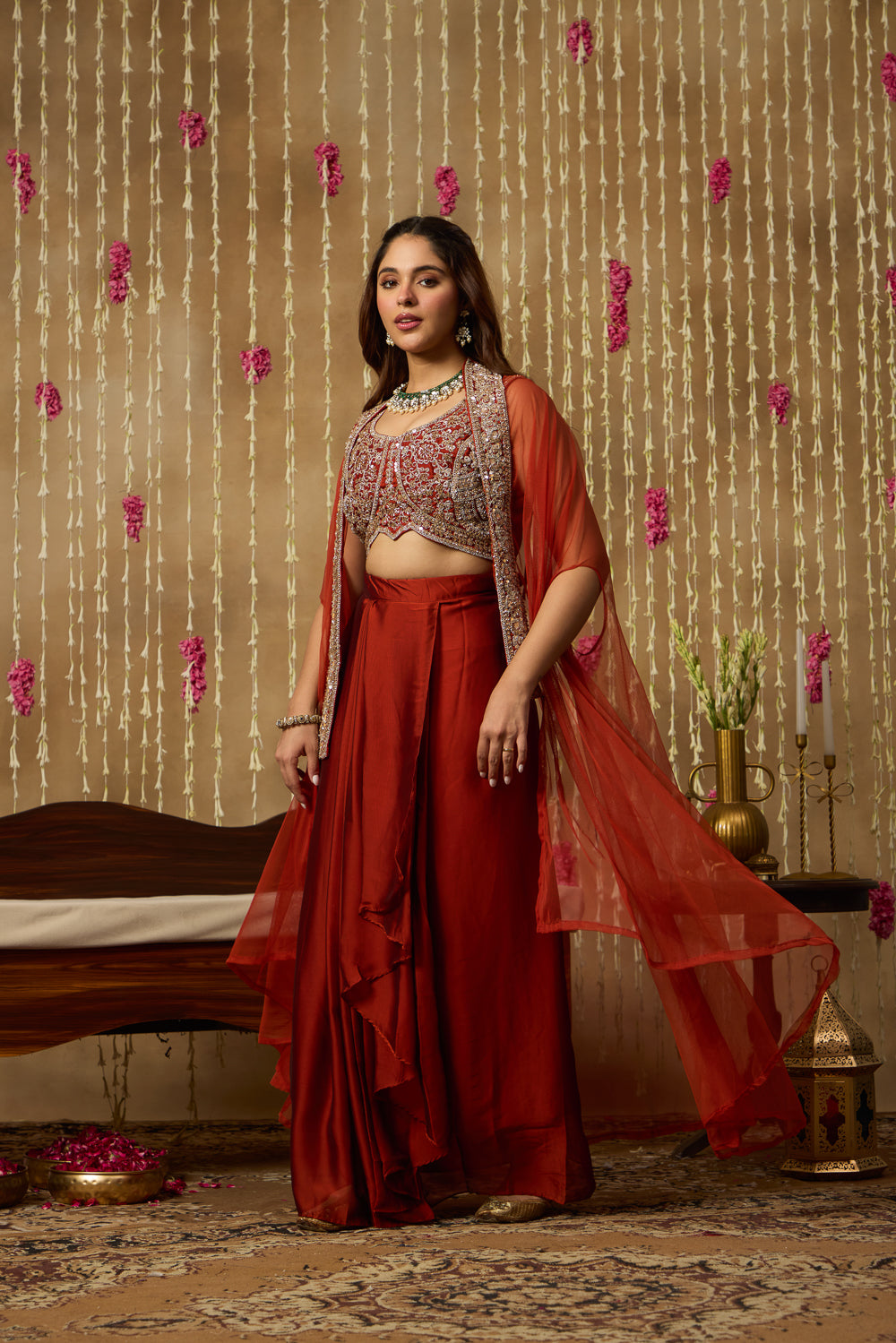 Jhoom Rust Embroidered Drape Set