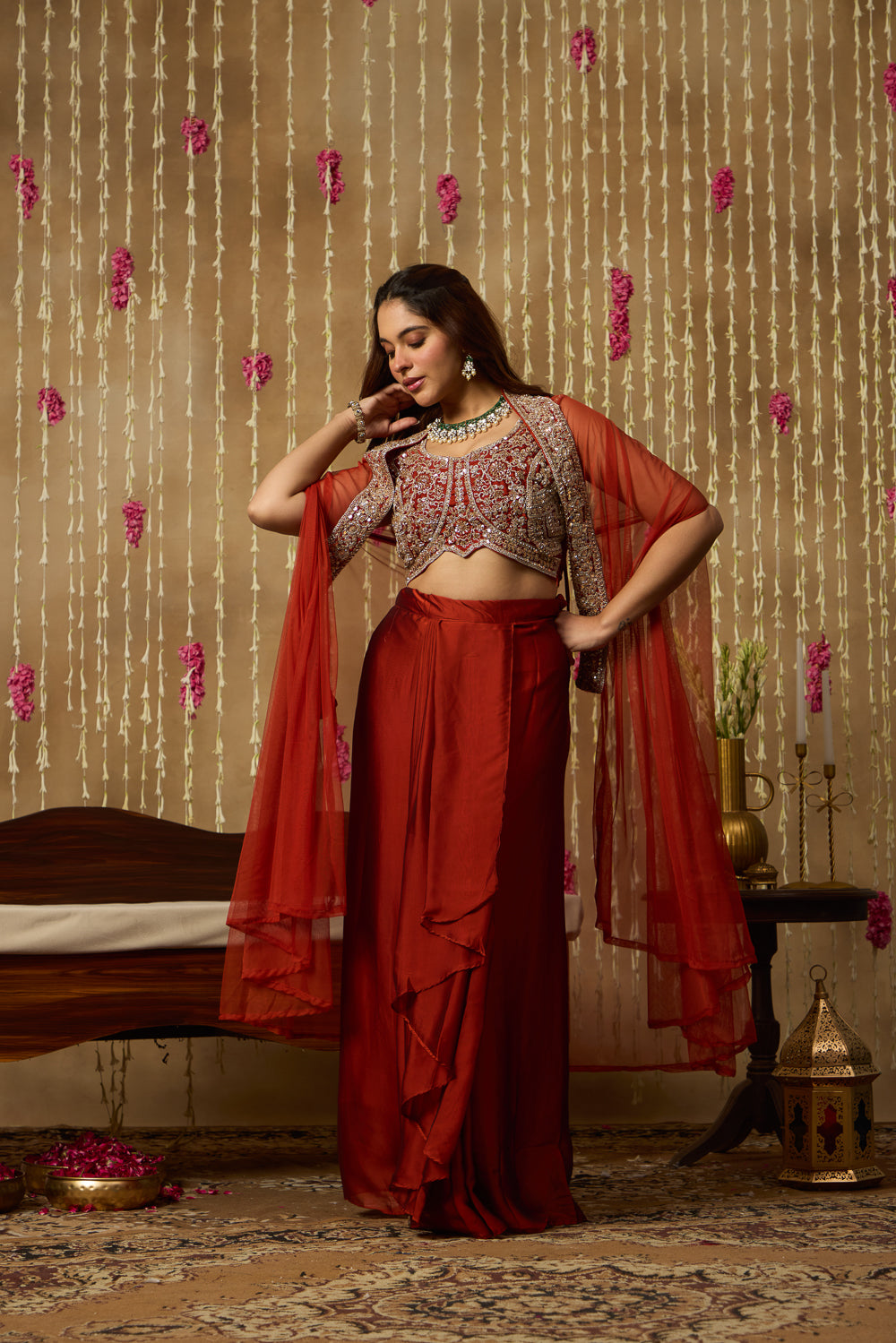 Jhoom Rust Embroidered Drape Set