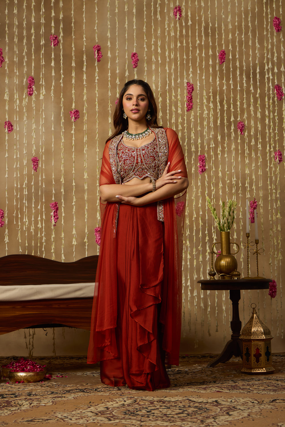Jhoom Rust Embroidered Drape Set