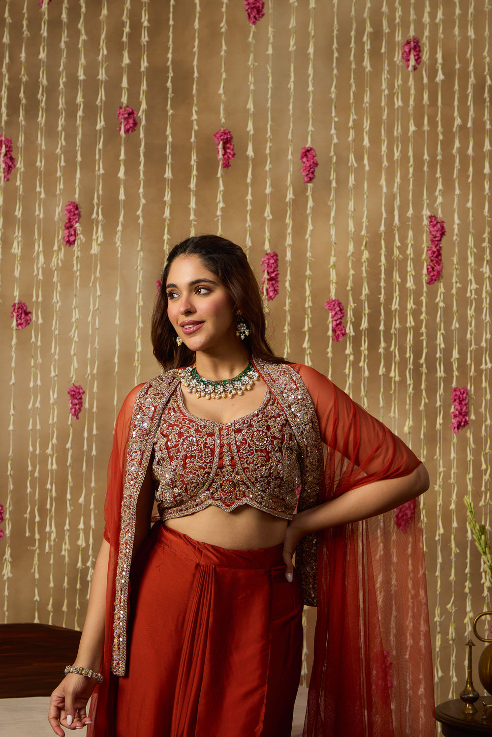 Jhoom Rust Embroidered Drape Set