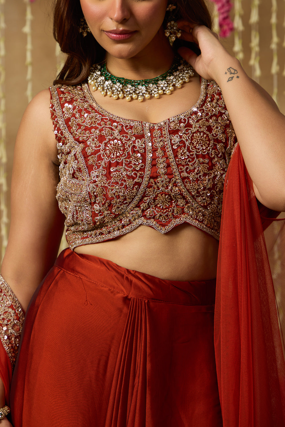 Jhoom Rust Embroidered Drape Set
