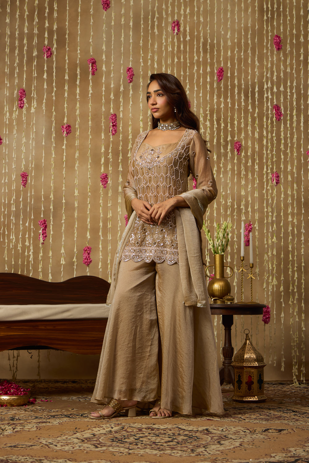 Jhoom Taupe Mirror Embroidered Kurta Set