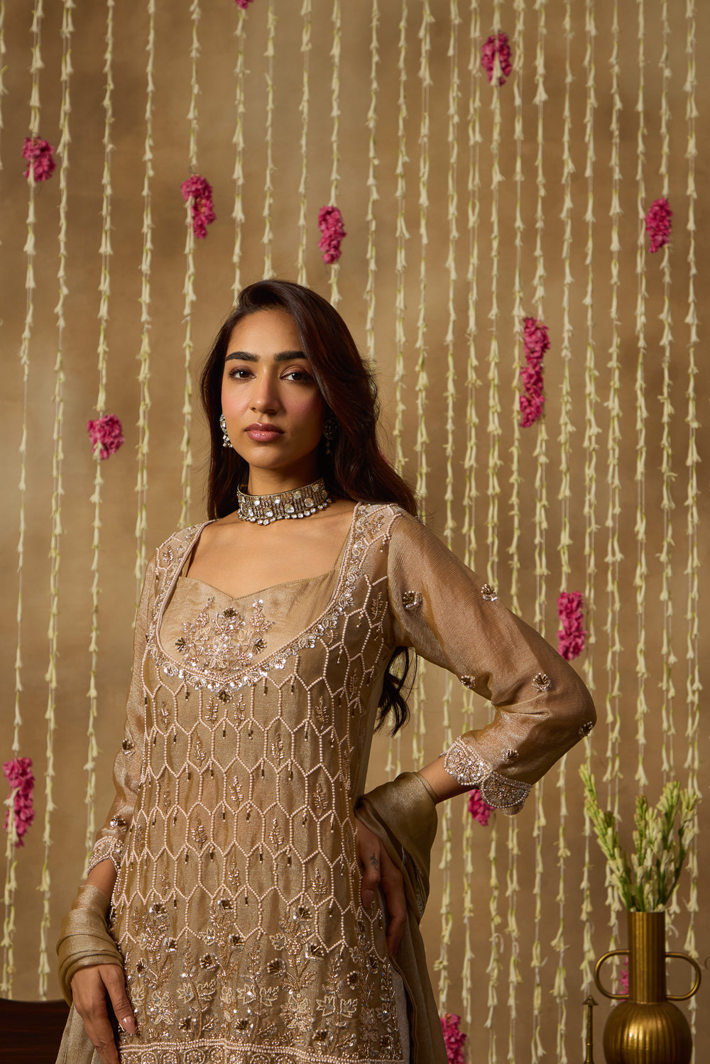 Jhoom Taupe Mirror Embroidered Kurta Set