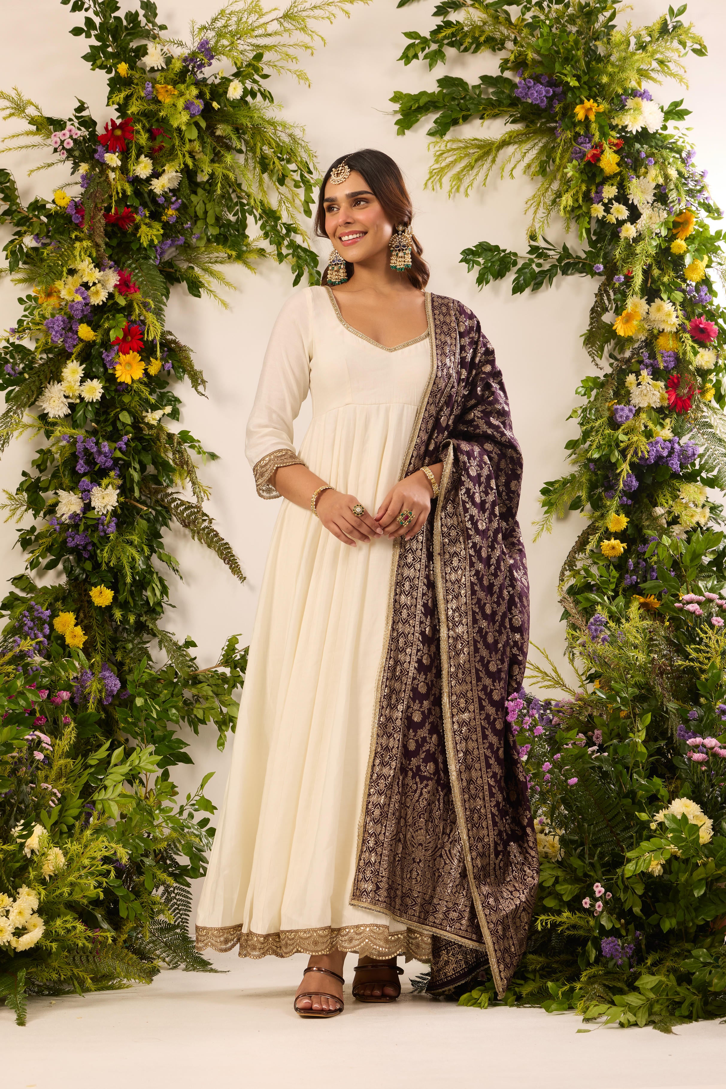 Mastaani Classic Ivory Anarkali Set - Purple Dupatta