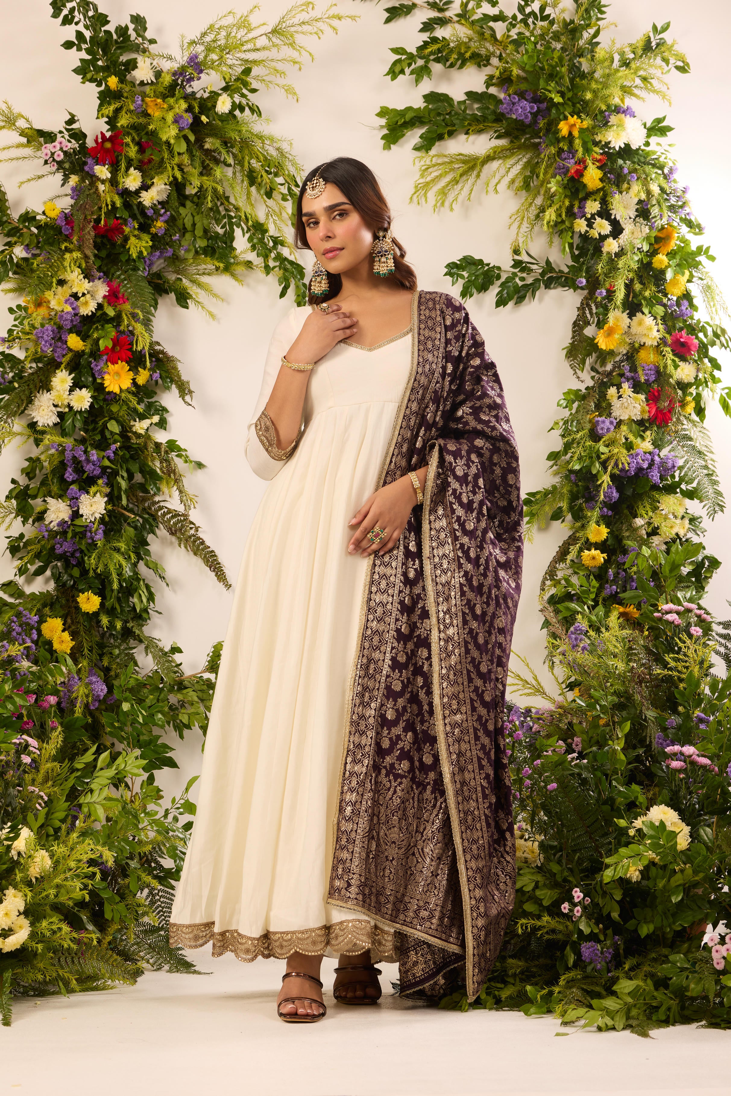 Mastaani Classic Ivory Anarkali Set - Purple Dupatta