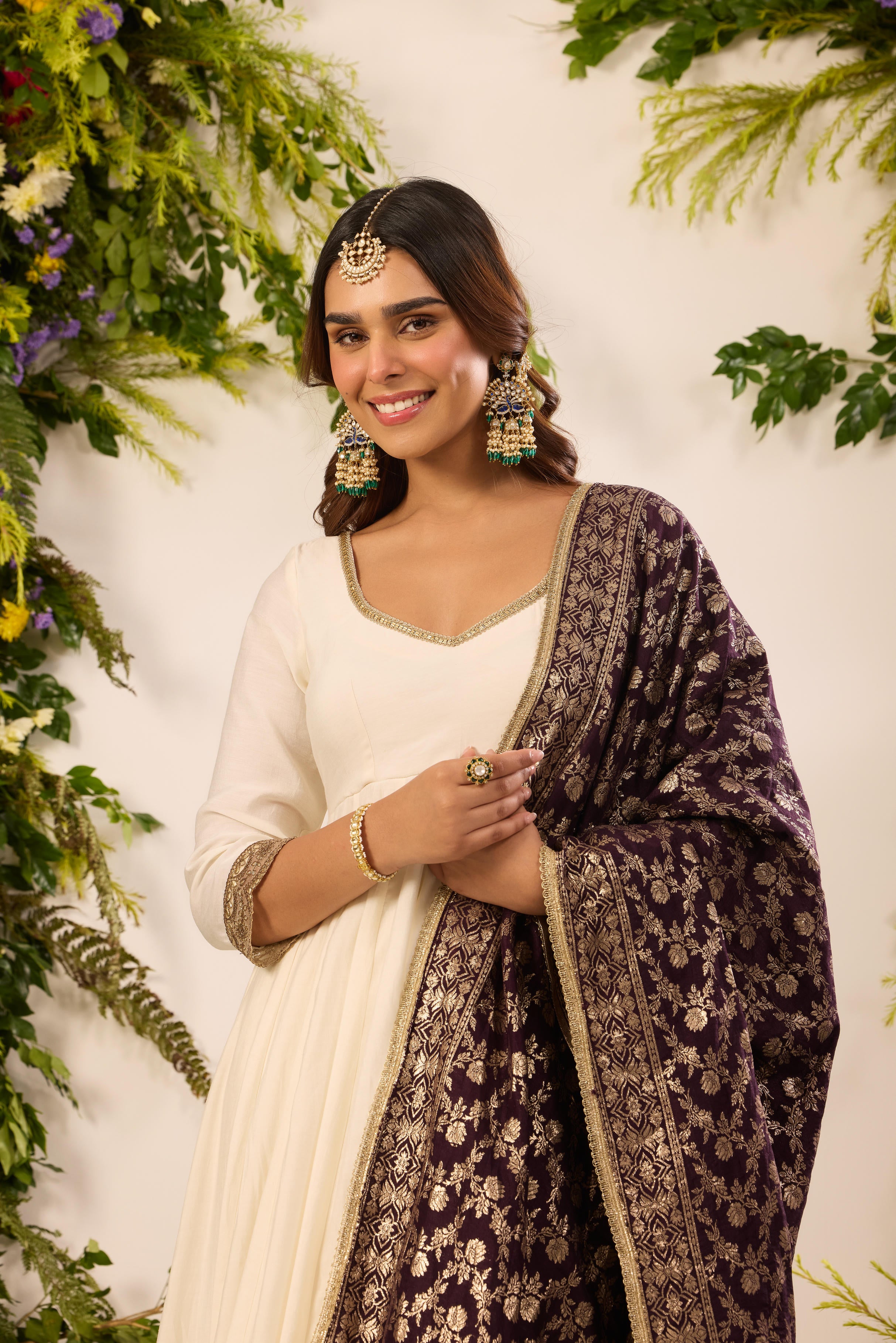 Mastaani Classic Ivory Anarkali Set - Purple Dupatta