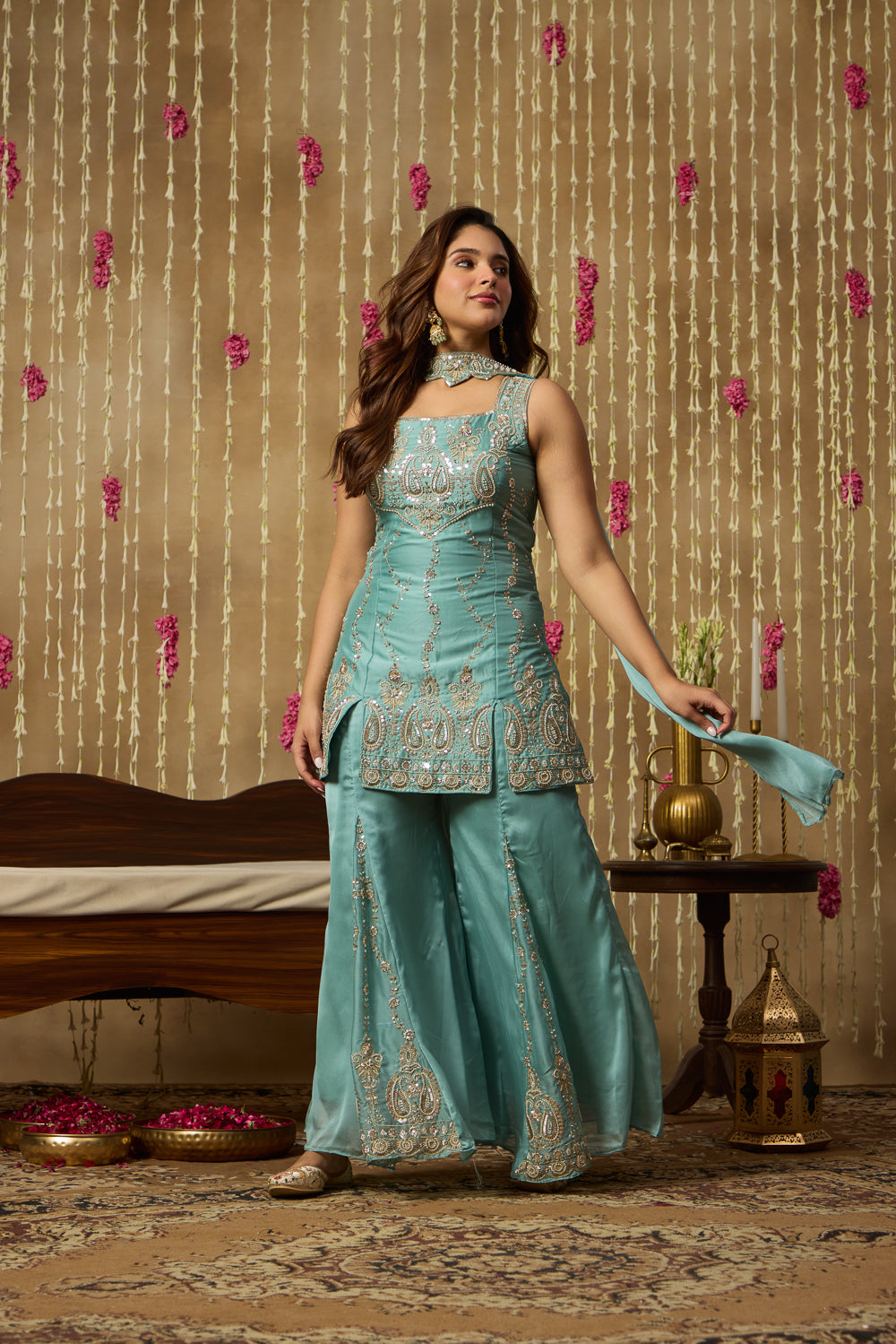 Jhoom Aqua Embroidered Kurta Sharara Set