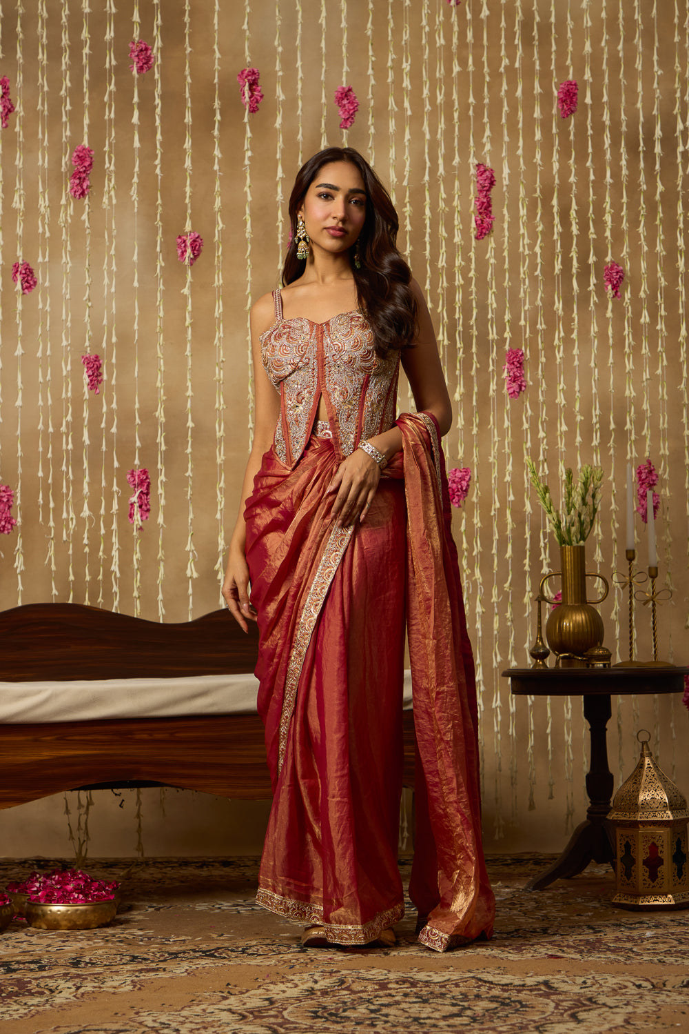 Jhoom Rust Embroidered Saree Set