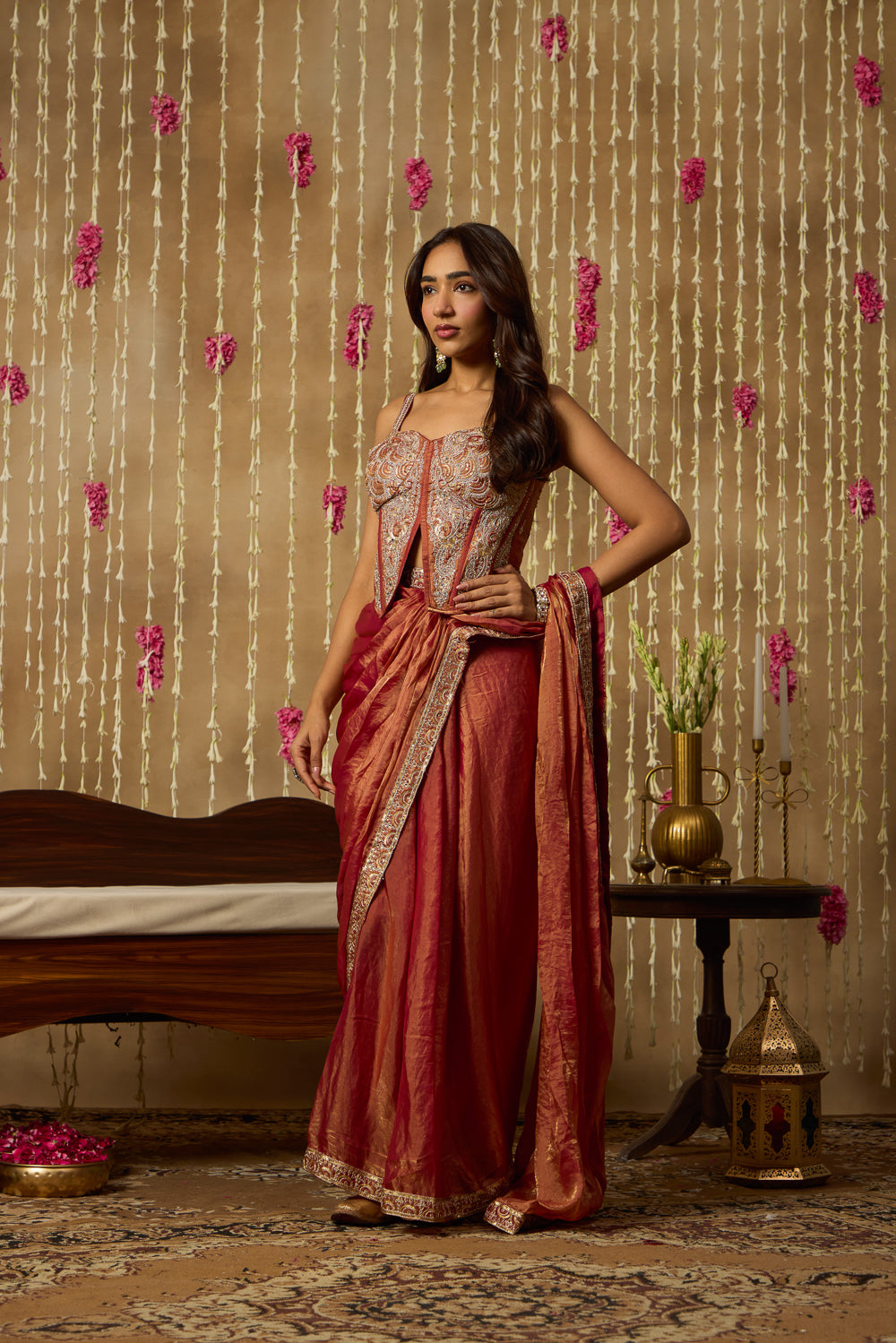 Jhoom Rust Embroidered Saree Set