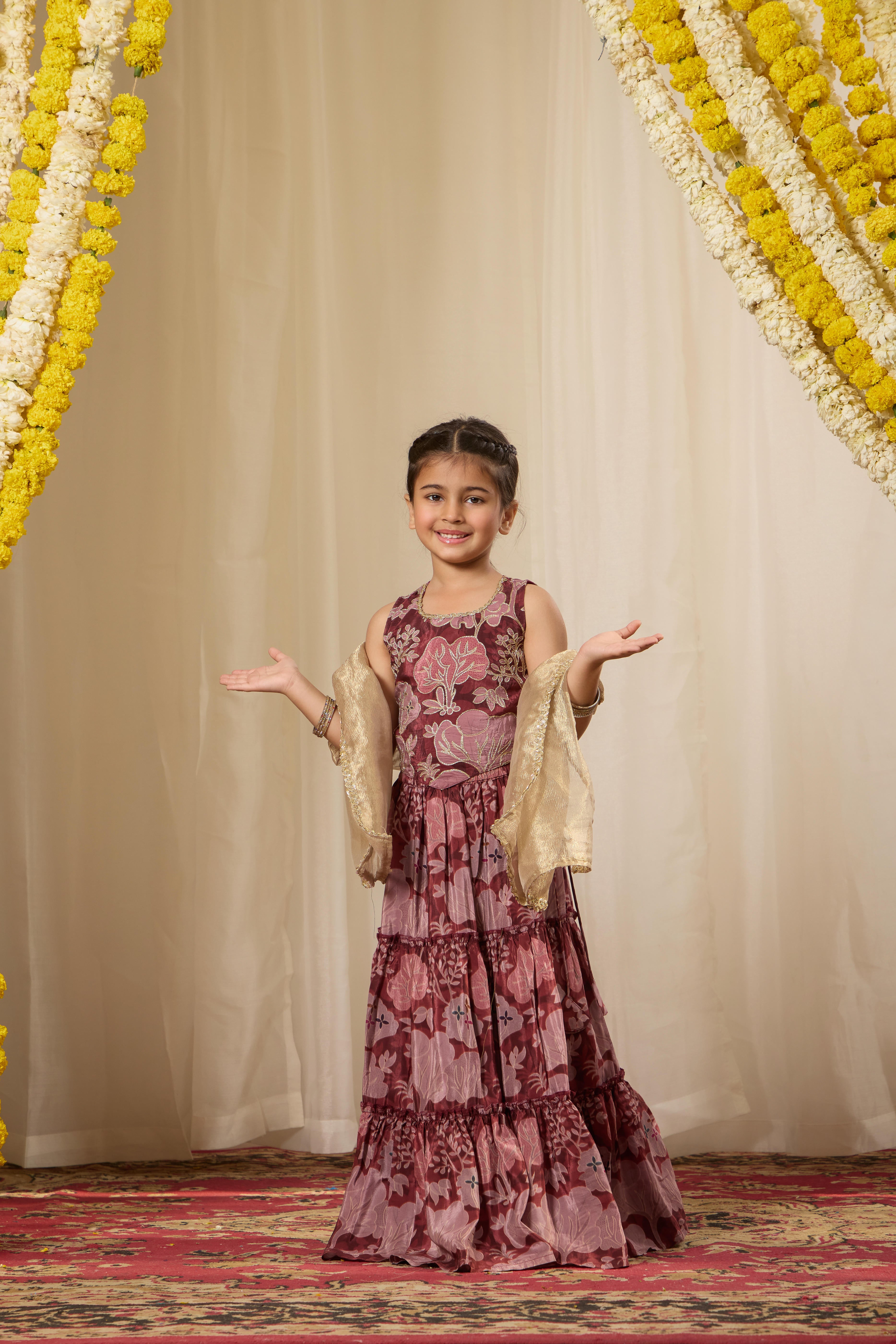 Alaya Kids Muted Maroon Lehenga Set