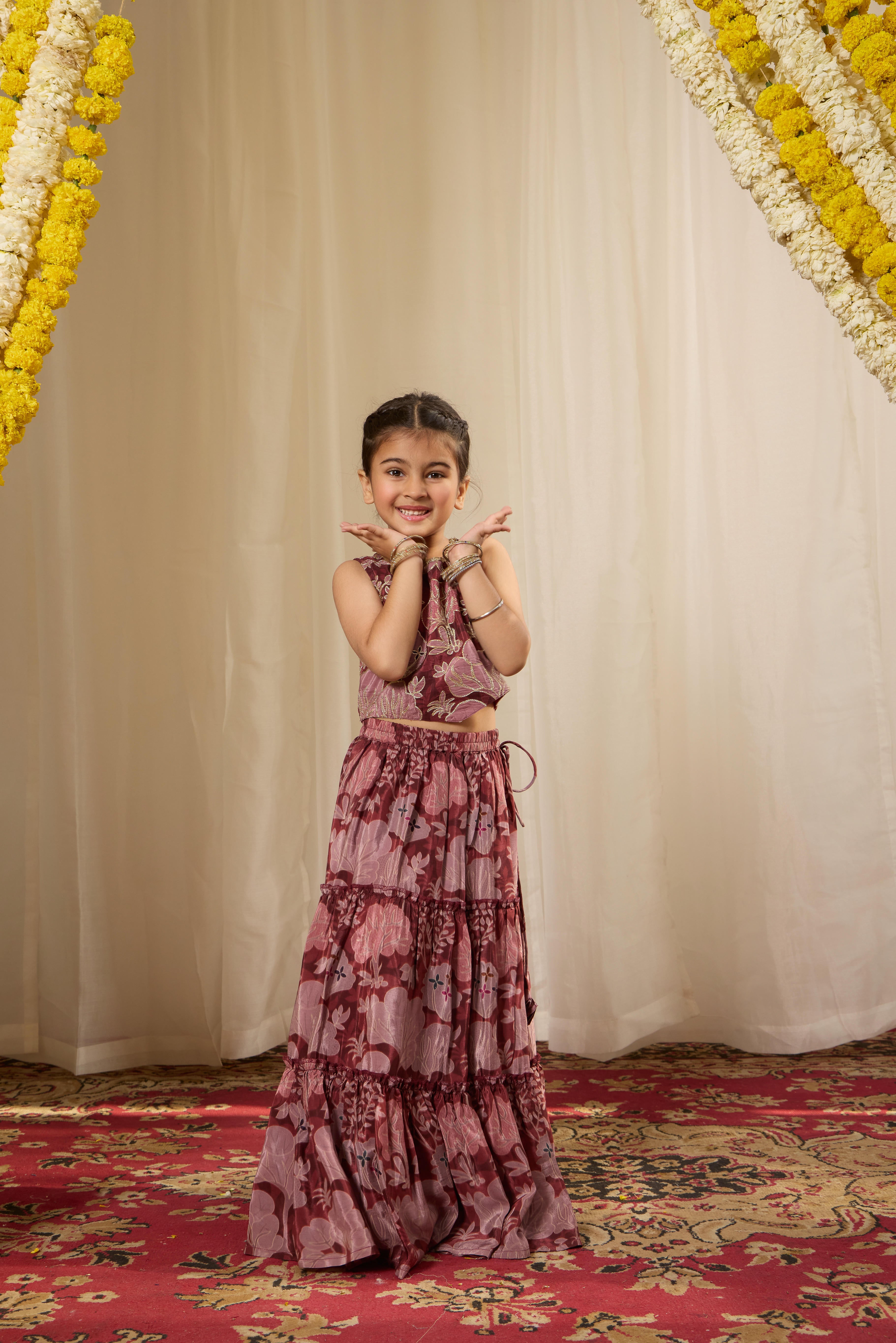 Alaya Kids Muted Maroon Lehenga Set