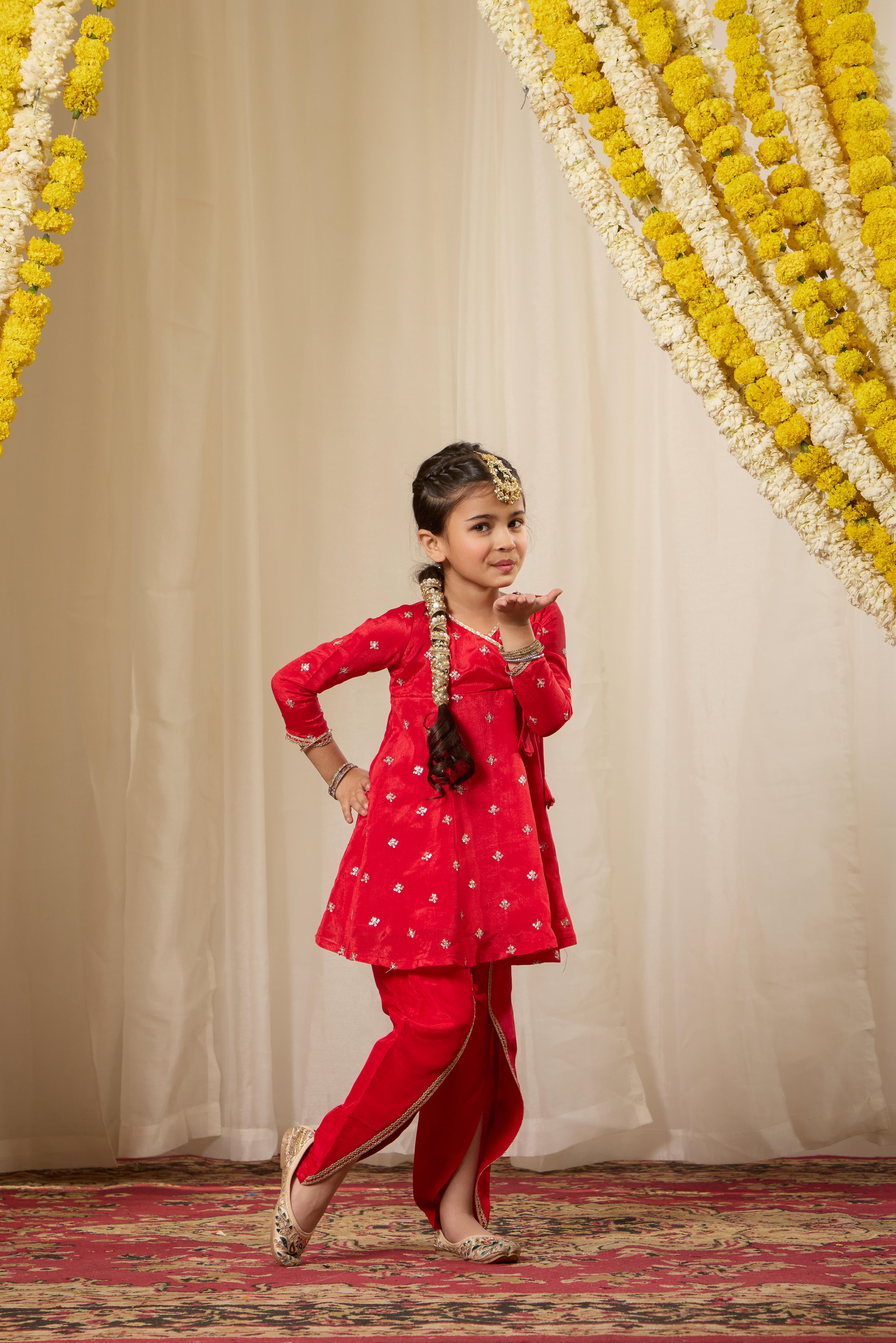 Alaya Kids Shahi Red Angrakha Kurta Set