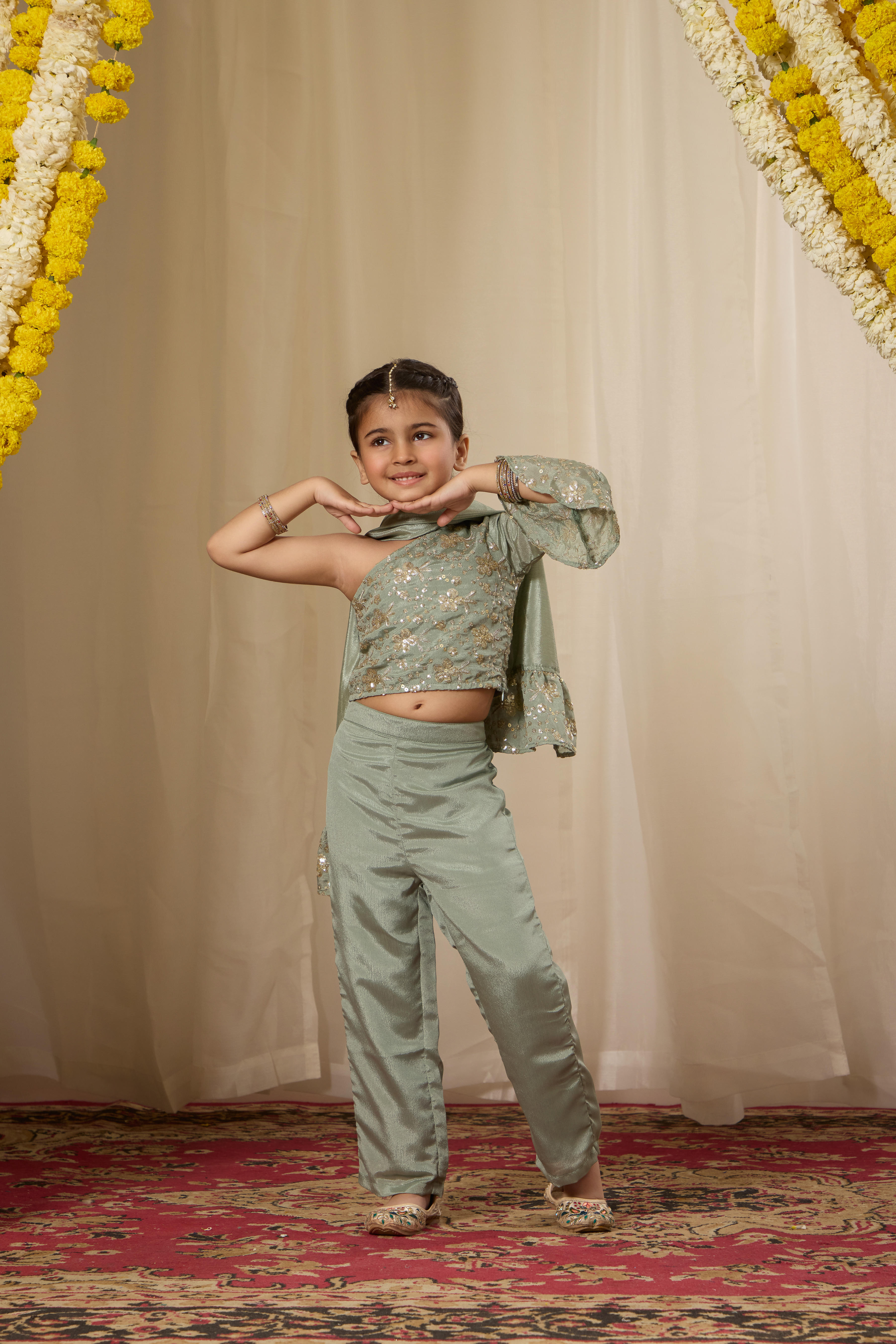 Alaya Kids Smoke Green One Shoulder Fusion Set