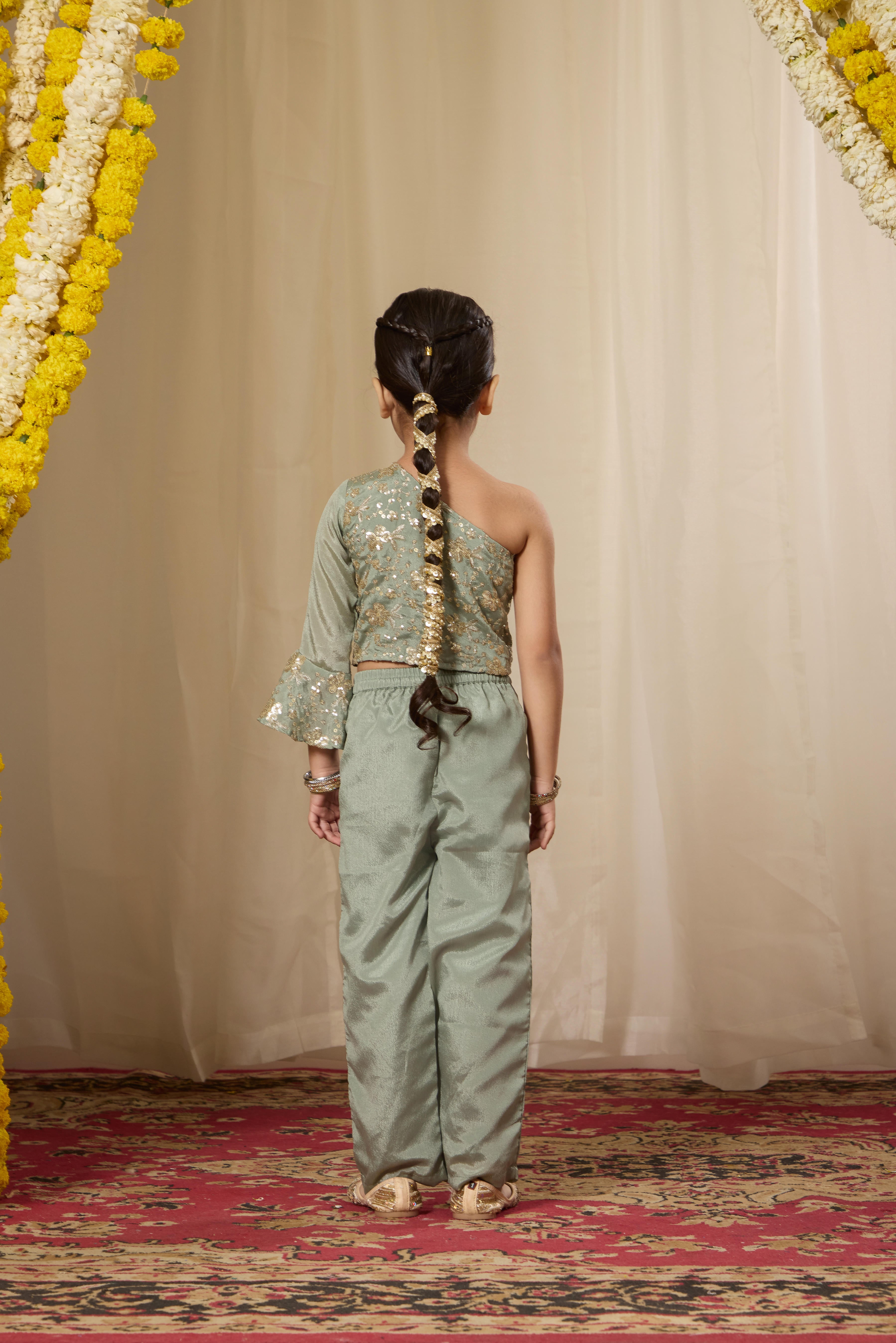 Alaya Kids Smoke Green One Shoulder Fusion Set