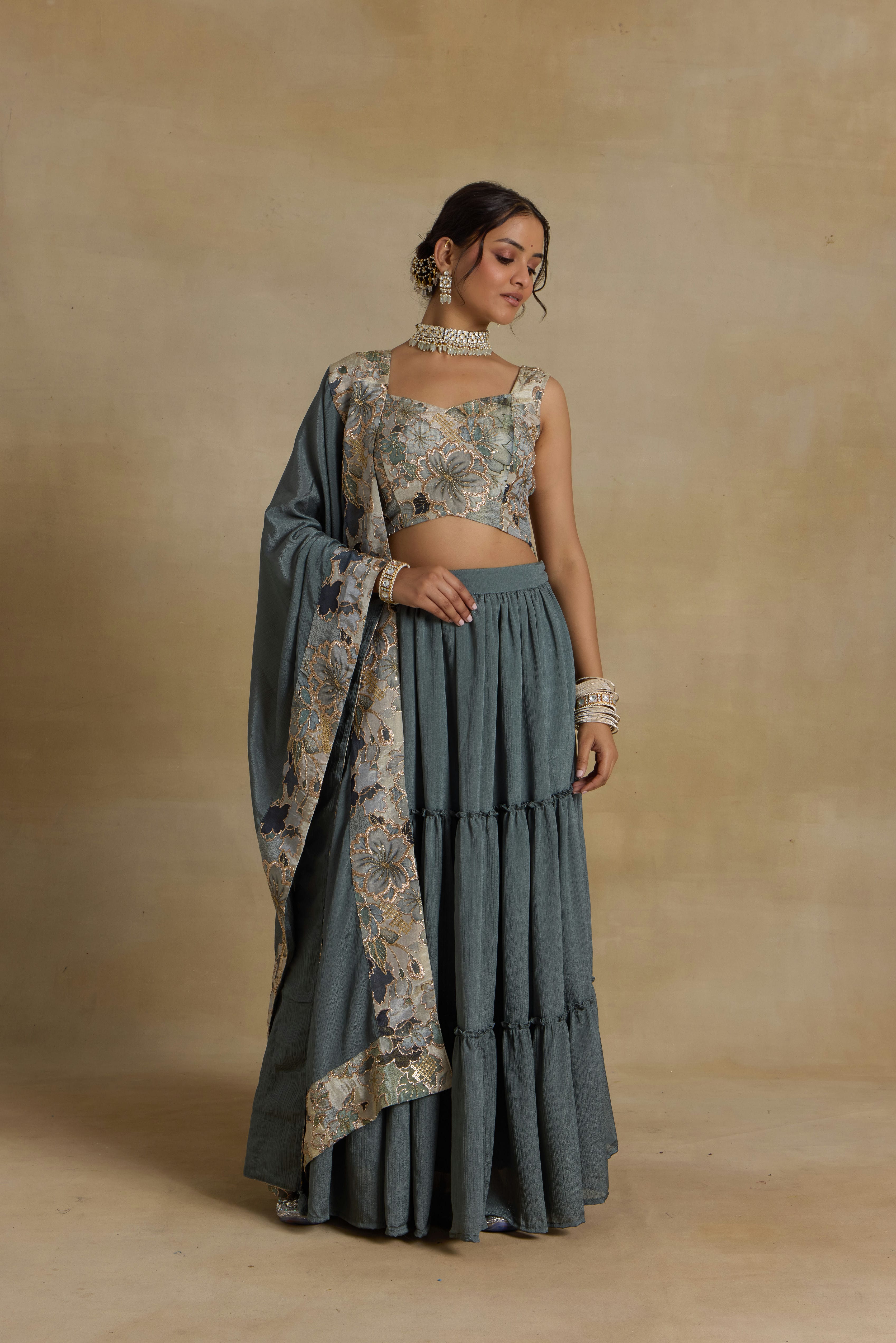 Alaya Noor Teal Floral Fantasy Lehenga Set