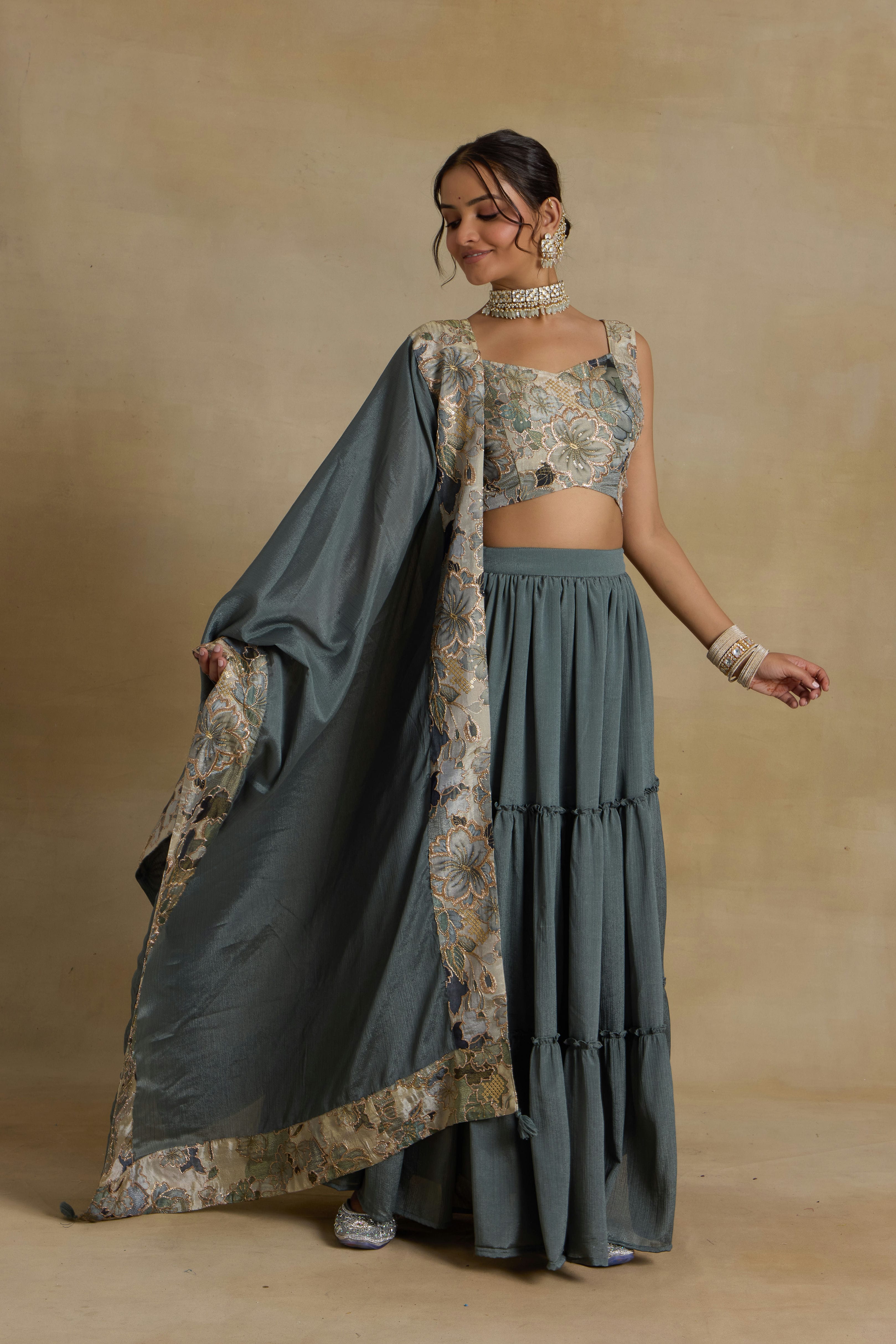 Alaya Noor Teal Floral Fantasy Lehenga Set