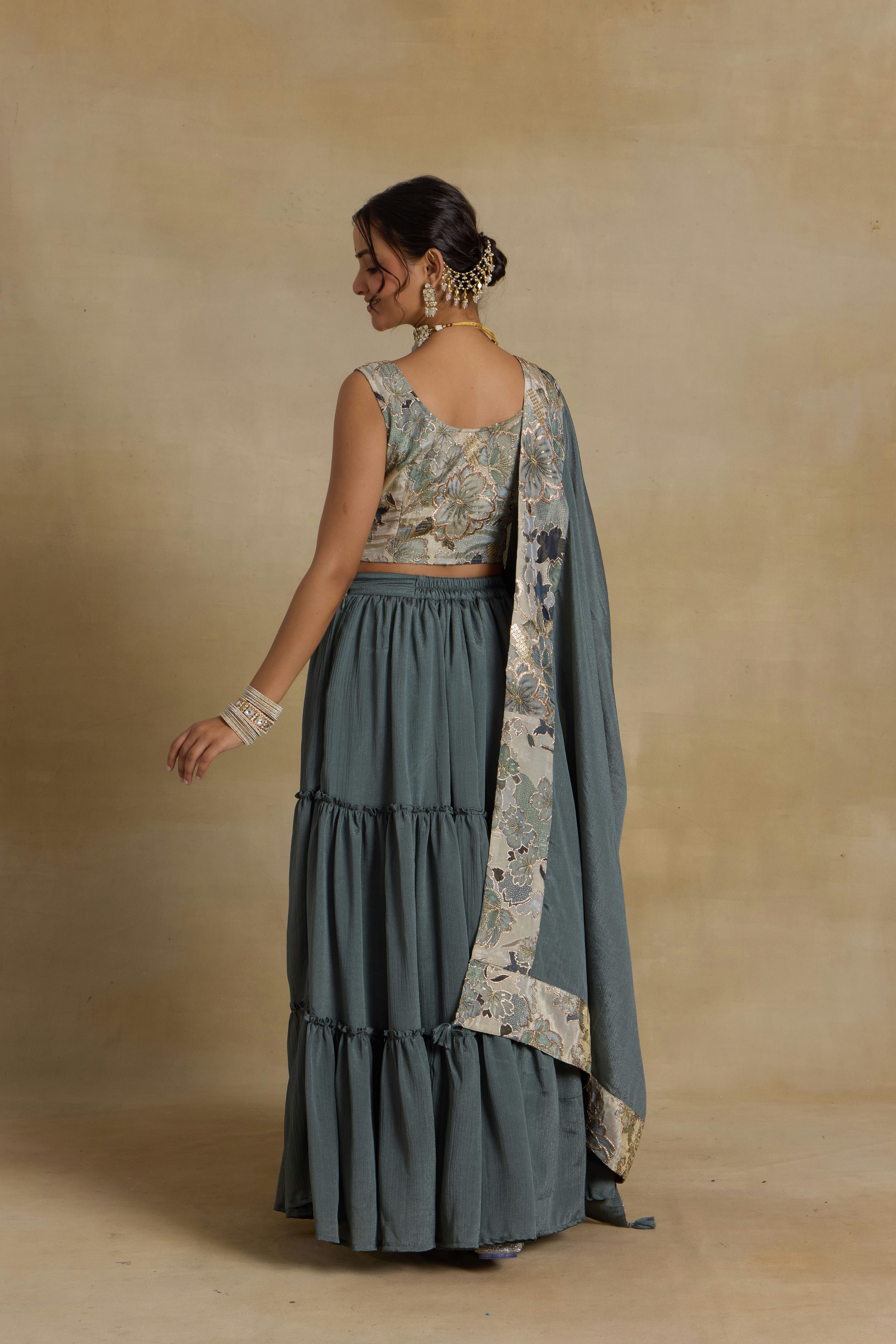 Alaya Noor Teal Floral Fantasy Lehenga Set