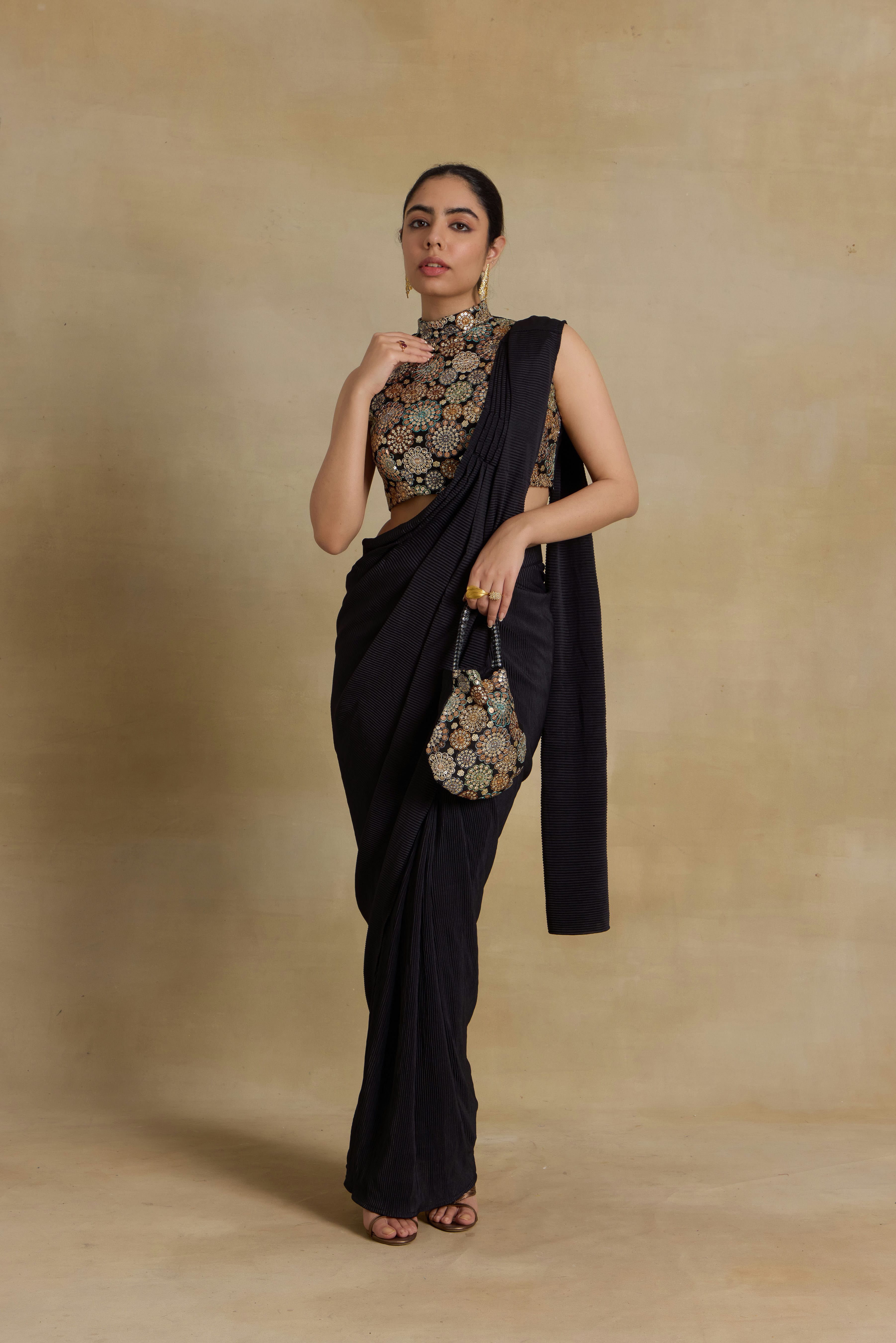 Alaya Noor Black Ready To Wear Sari Pleated Sari Set