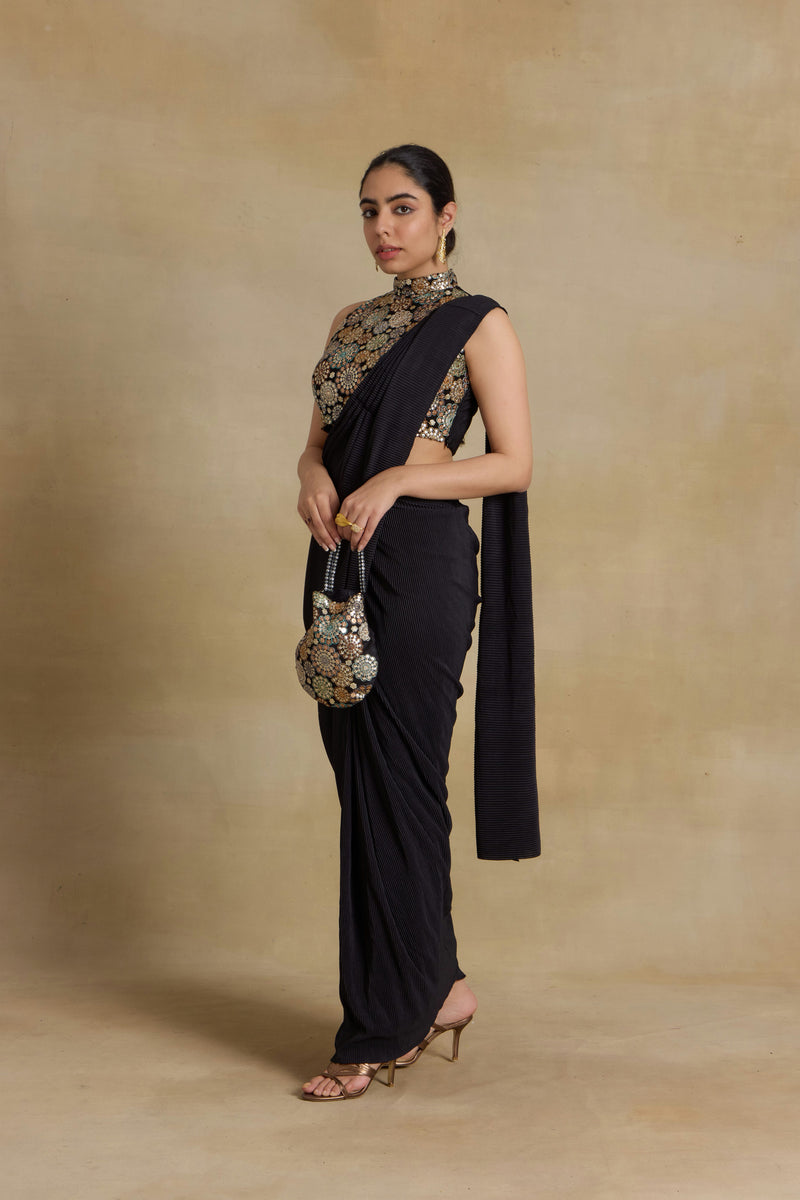 Alaya Noor Black Ready To Wear Sari Pleated Sari Set