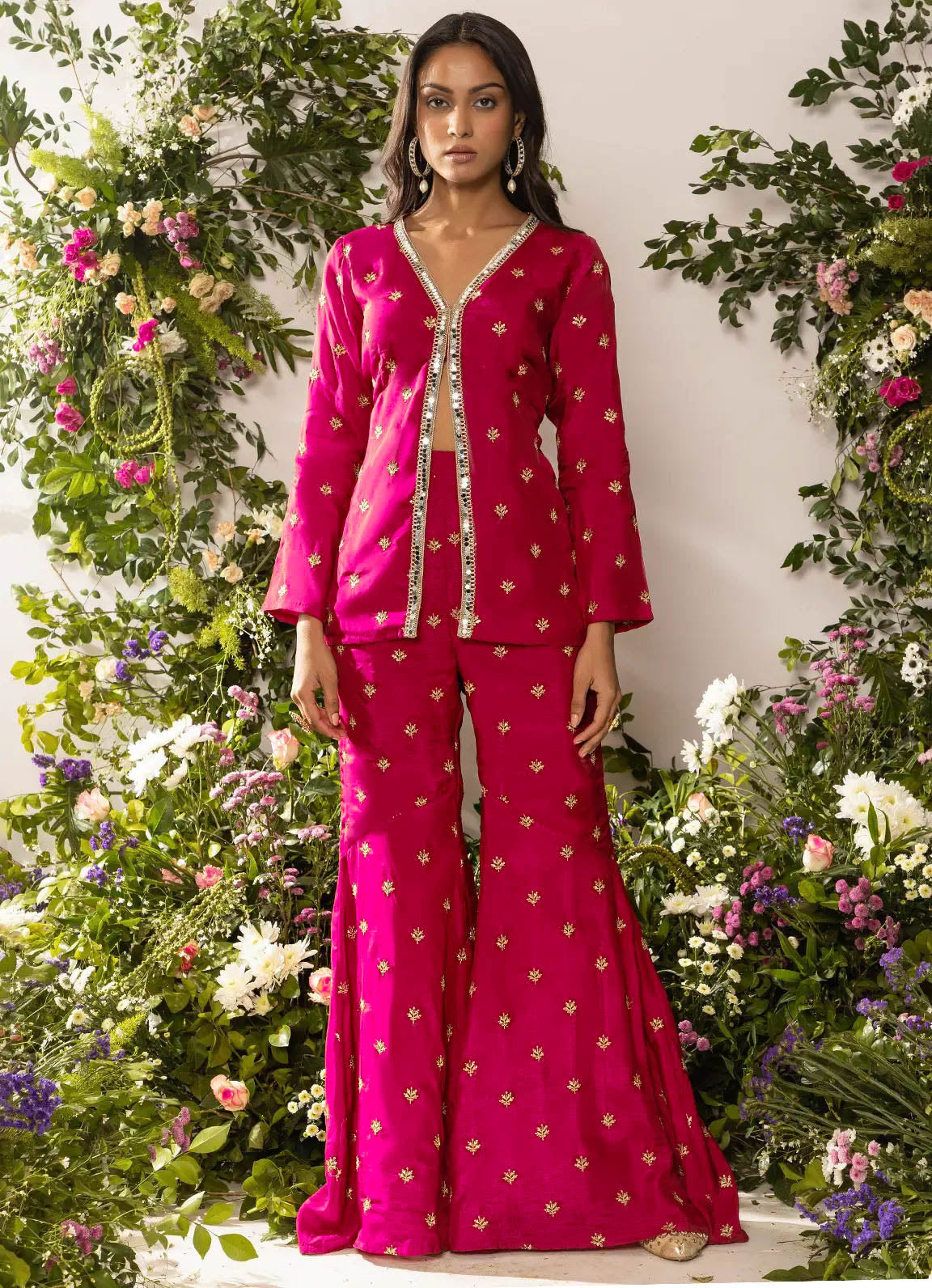 Astoria Fuchsia Zari Motif Front Slit Kurta with Gharara