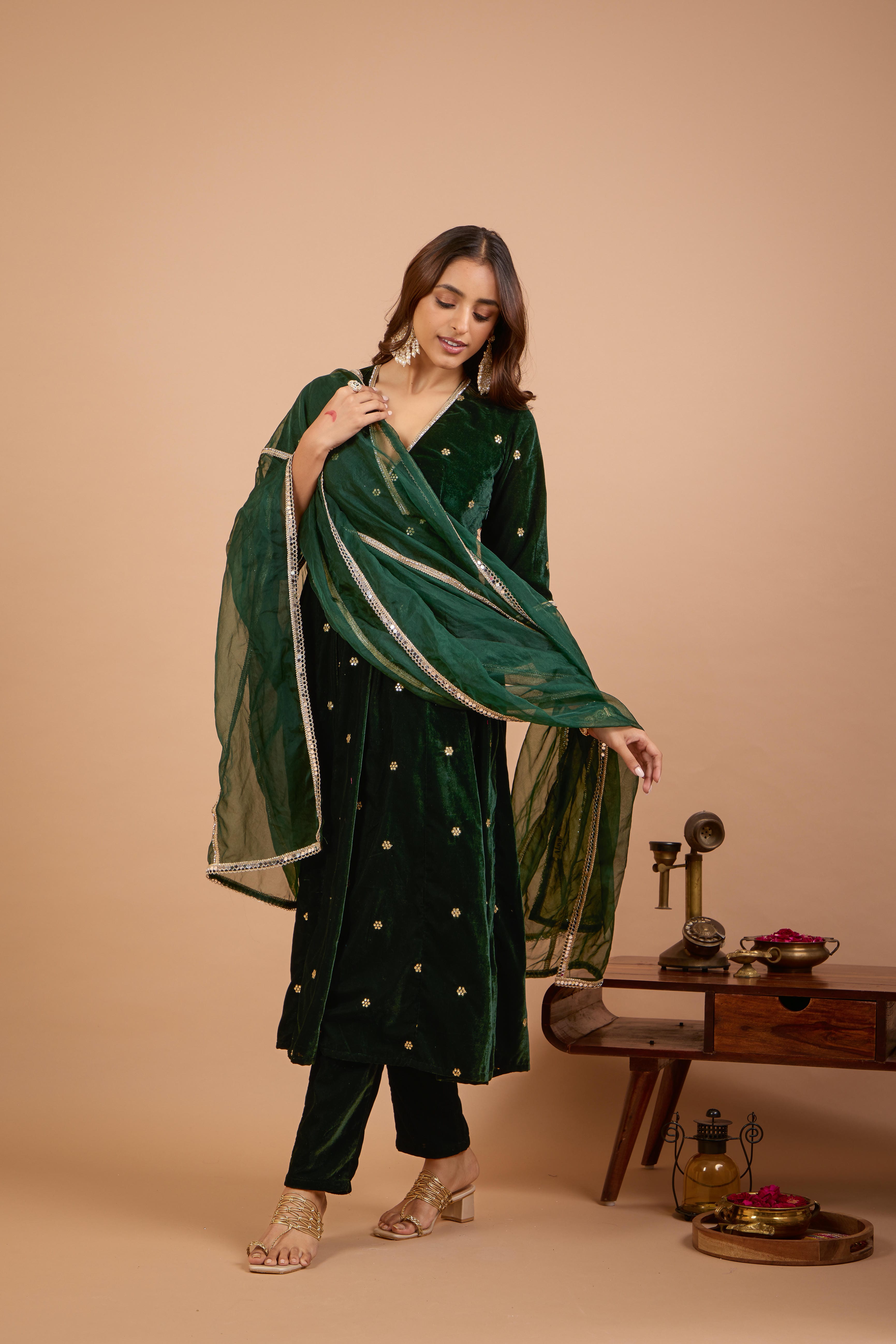 Alaya Jugni Emerald Glow Velvet Anarkali Set