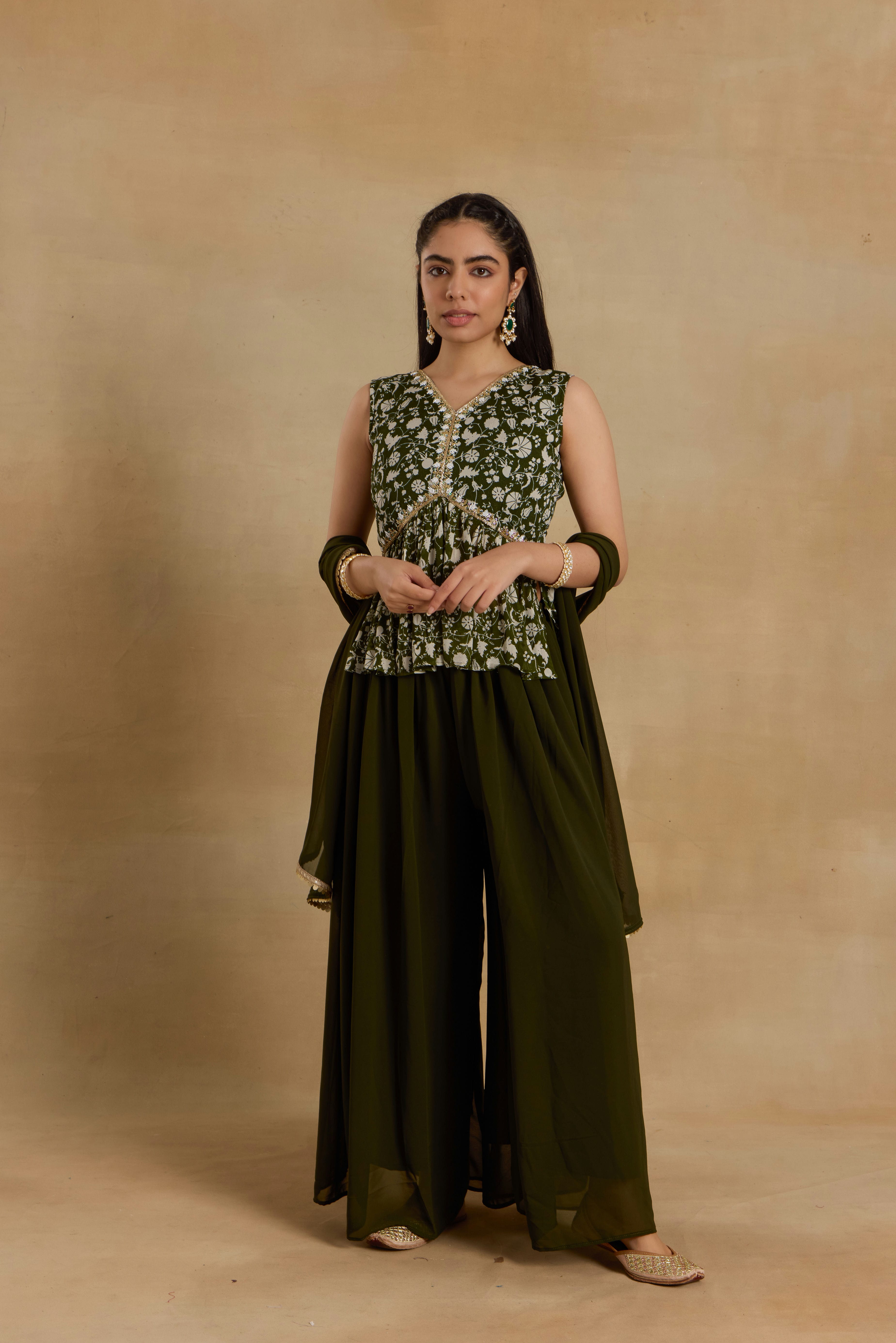 Alaya Heer Lush Mehendi Green Peplum Sharara Set