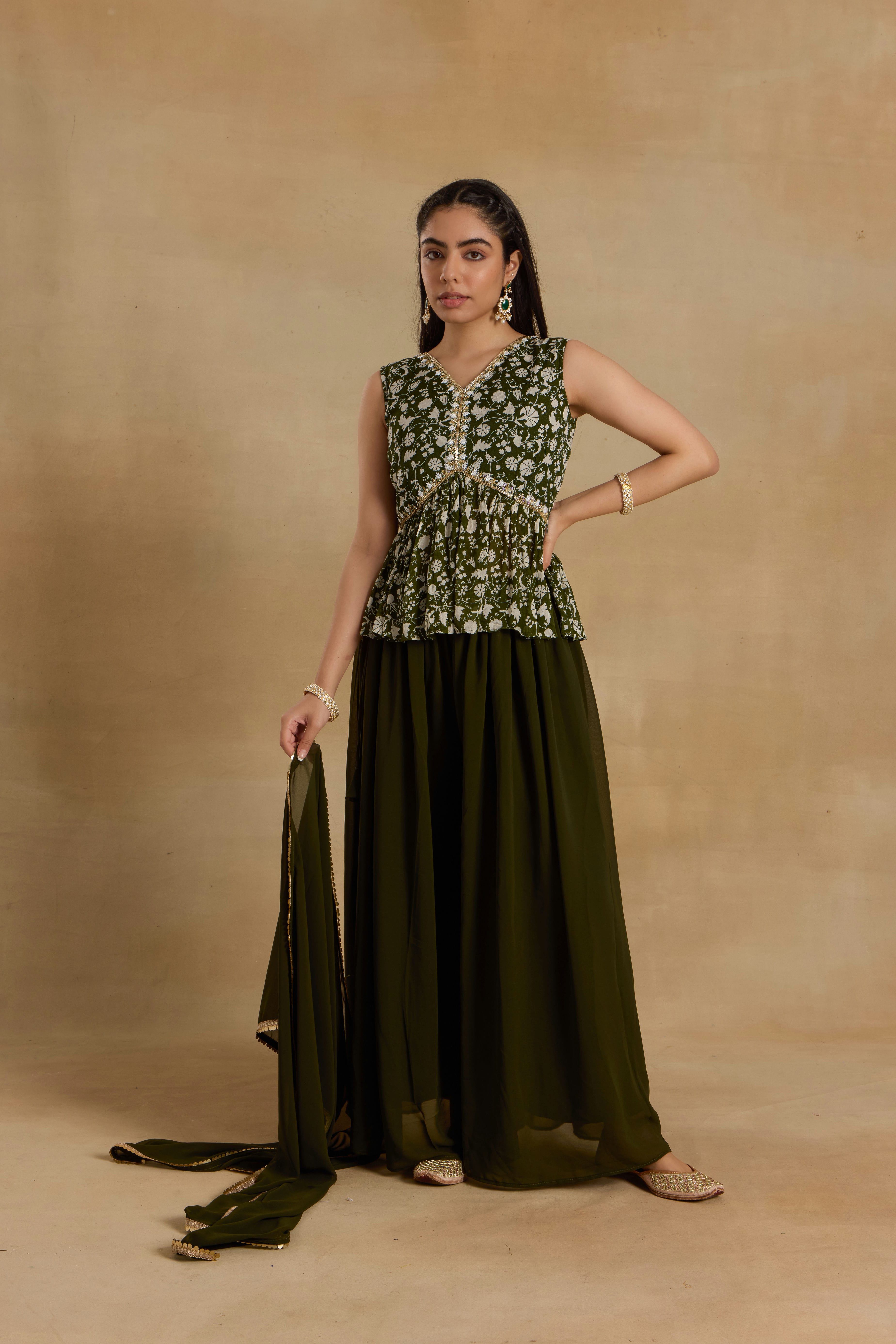 Alaya Heer Lush Mehendi Green Peplum Sharara Set