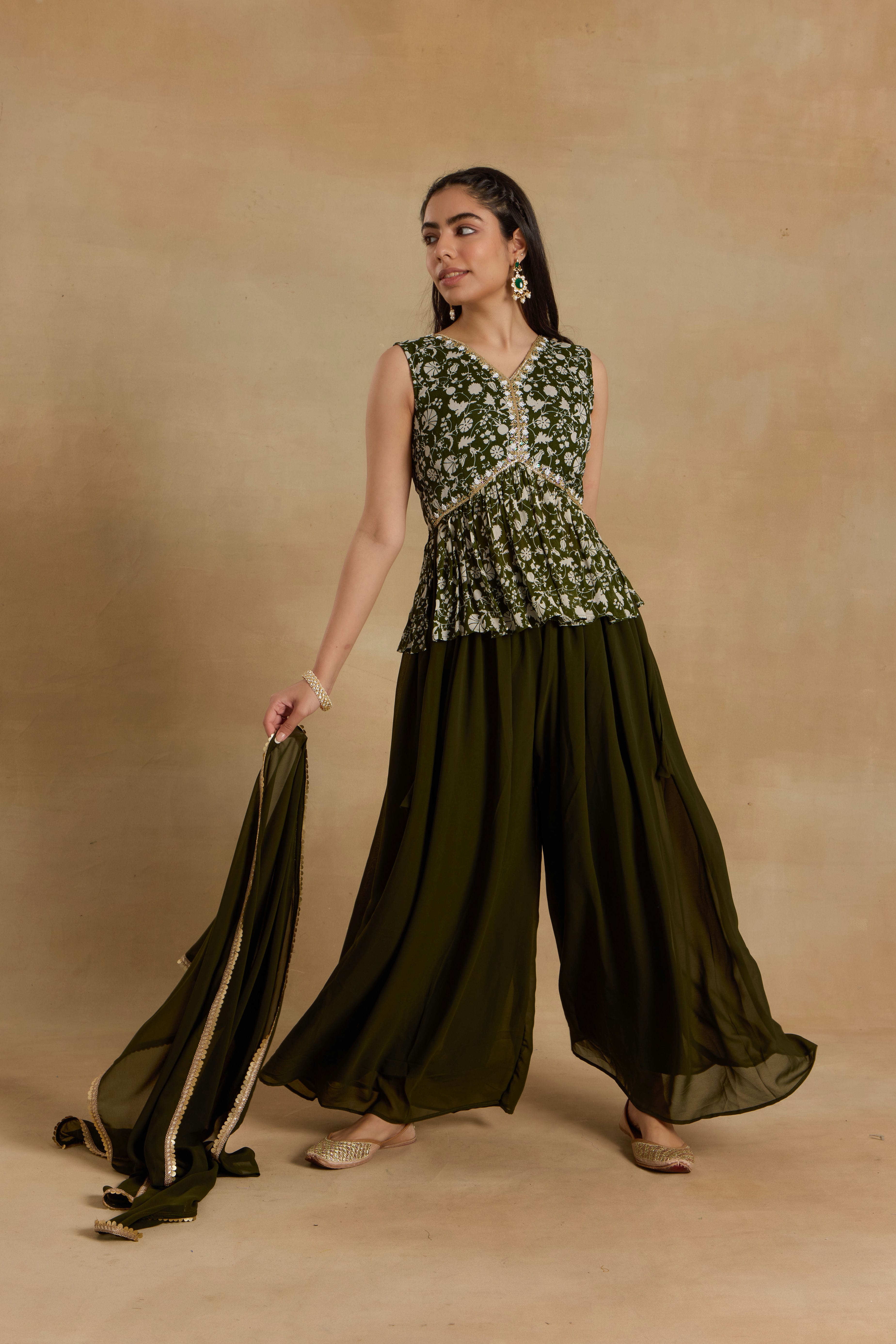 Alaya Heer Lush Mehendi Green Peplum Sharara Set