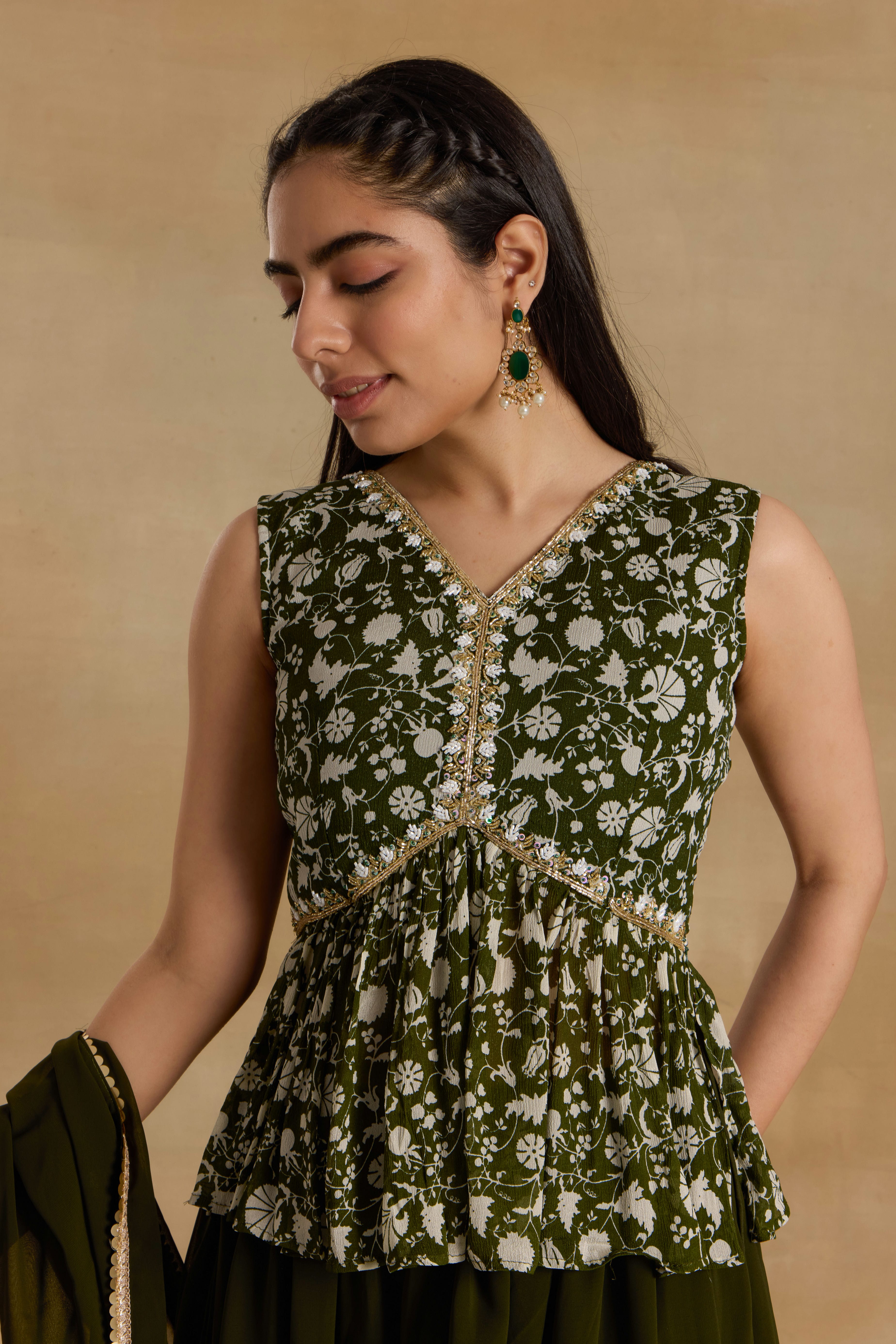 Alaya Heer Lush Mehendi Green Peplum Sharara Set